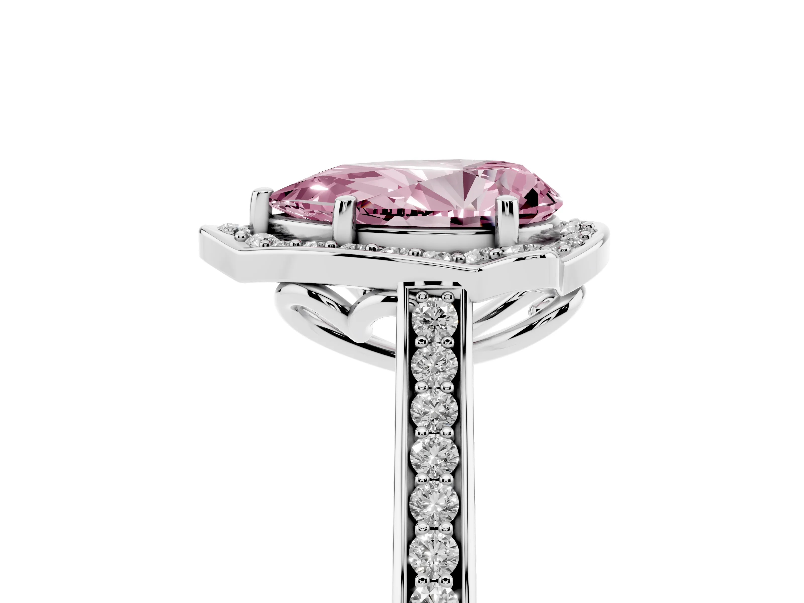 Fancy Pink Pear Cut Diamond Halo Ring Set in White gold with Pavé-Lined Shoulders and Prong Setting
