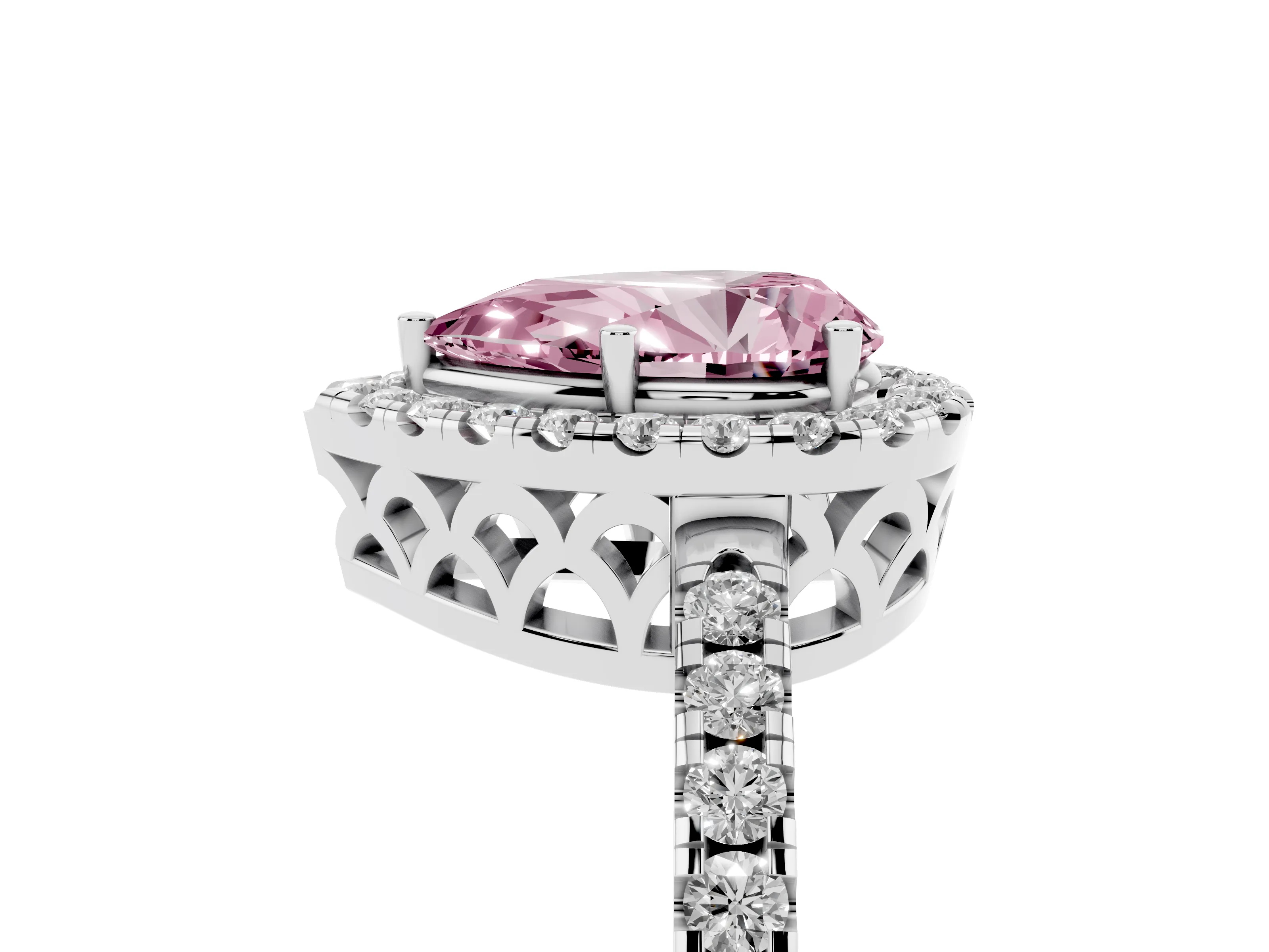 Fancy Pink Pear Cut Diamond Pavé Band Halo Engagement Ring Set in White gold with Prong Setting