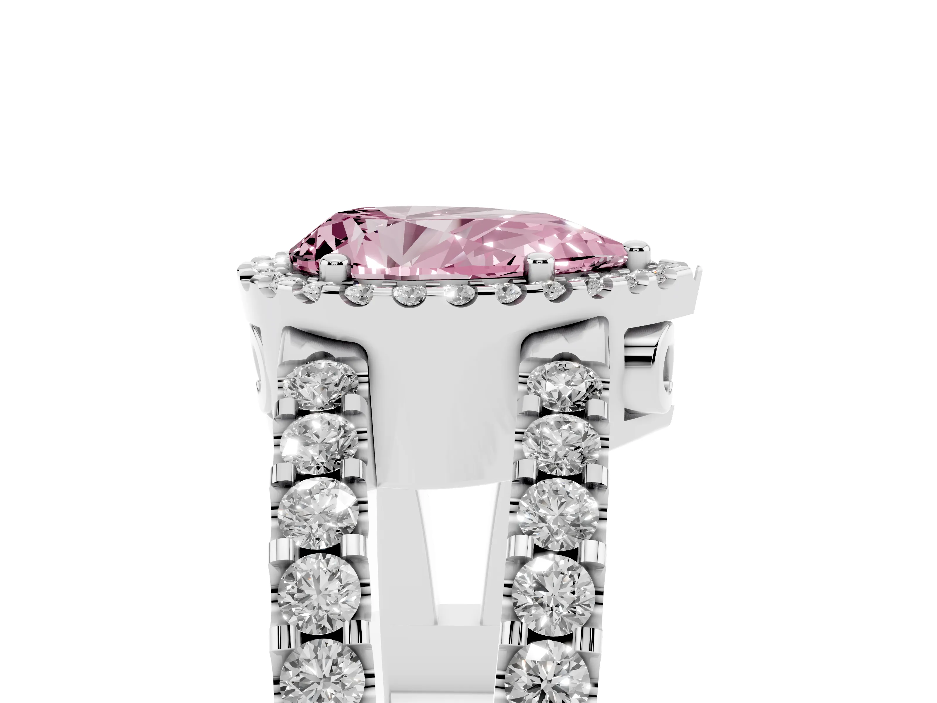 Fancy Pink Pear Cut Diamond Halo Ring Set in Platinum with Pavé Split Shank and Prong Setting