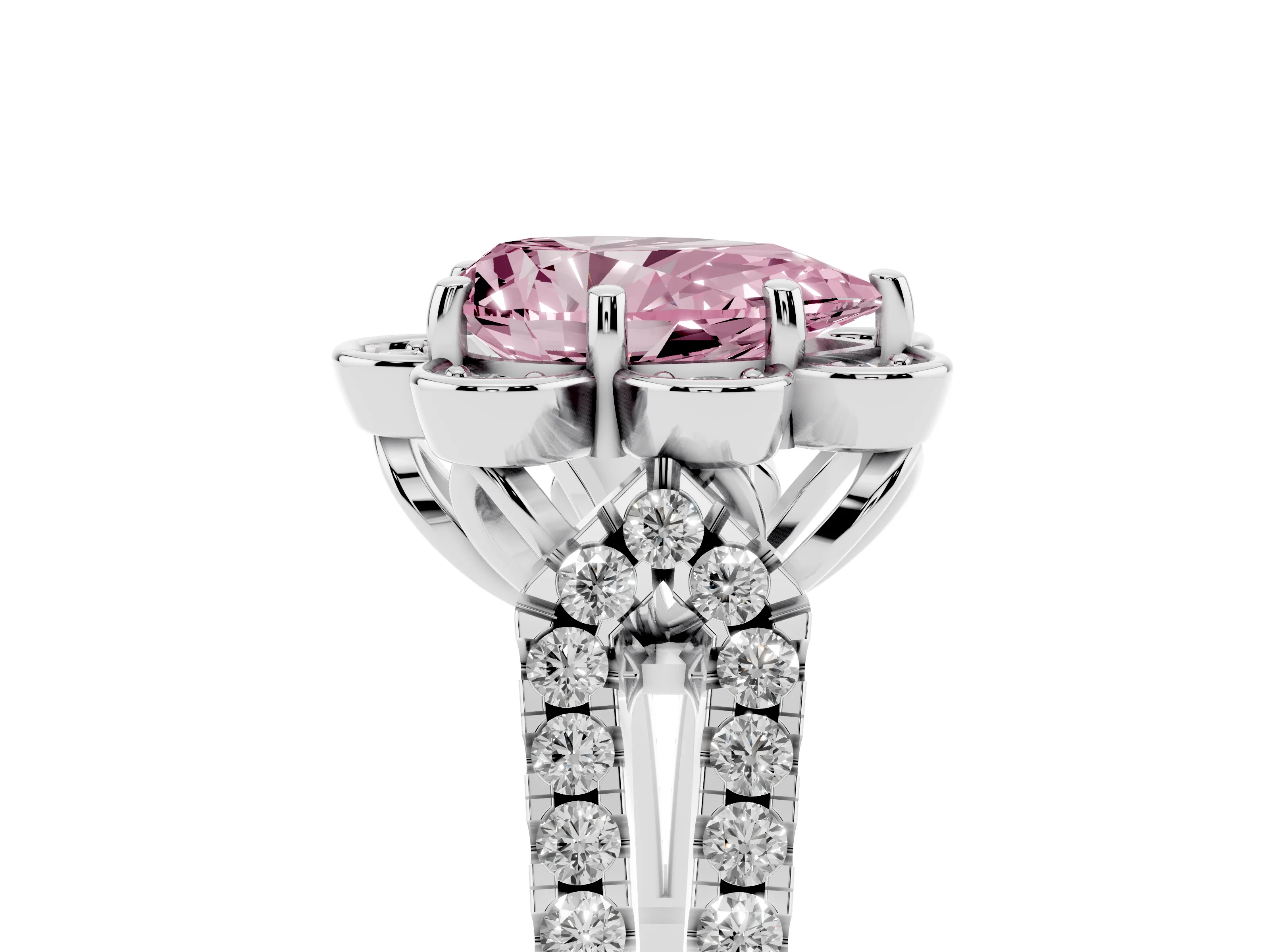 Fancy Pink Pear Cut Diamond Floral Halo Split Shank Engagement Ring Set in White gold with Pavé Shank