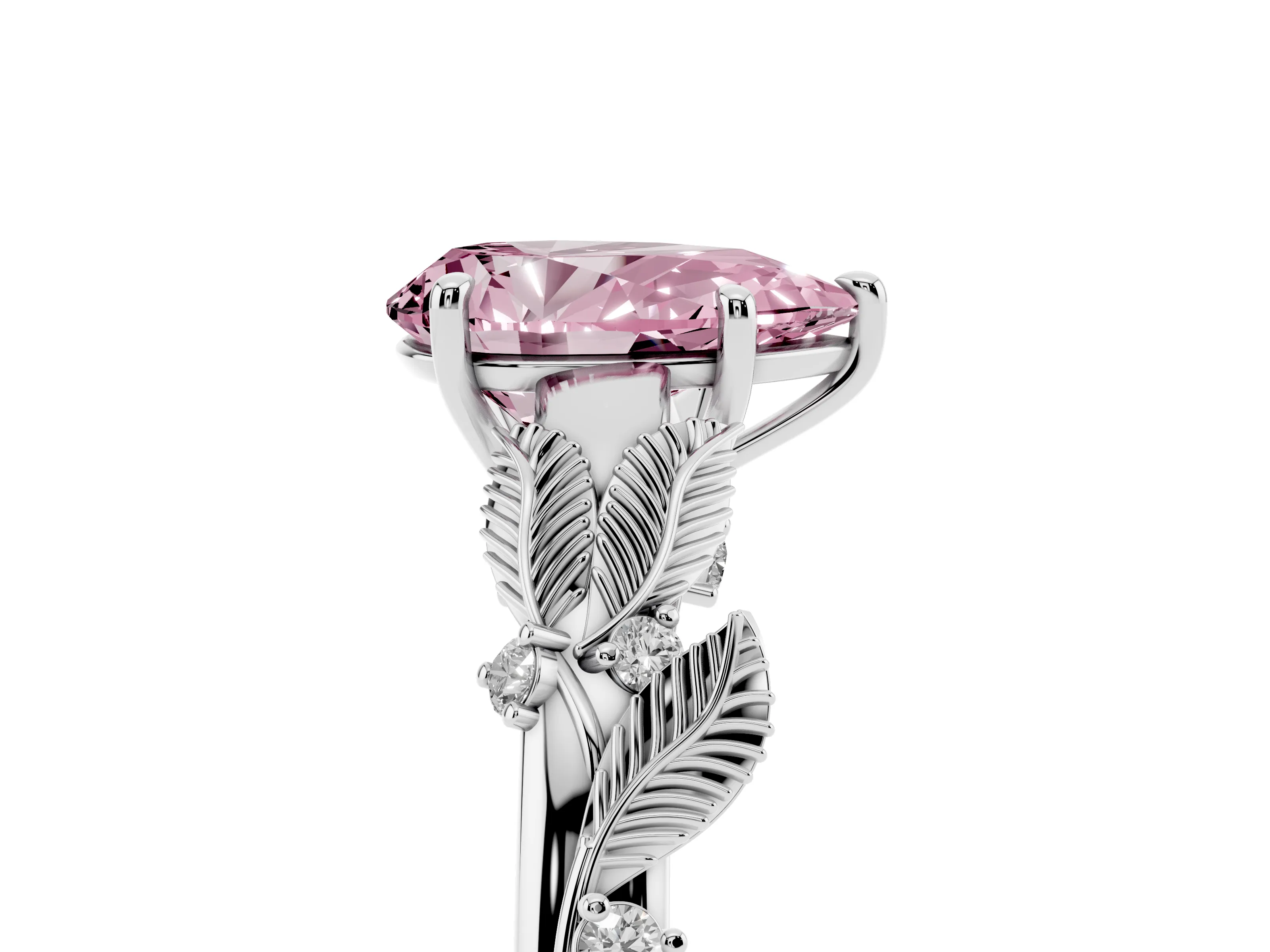 Fancy Pink Pear Cut Diamond Solitaire Ring Set in White gold with Leaf Motif Band