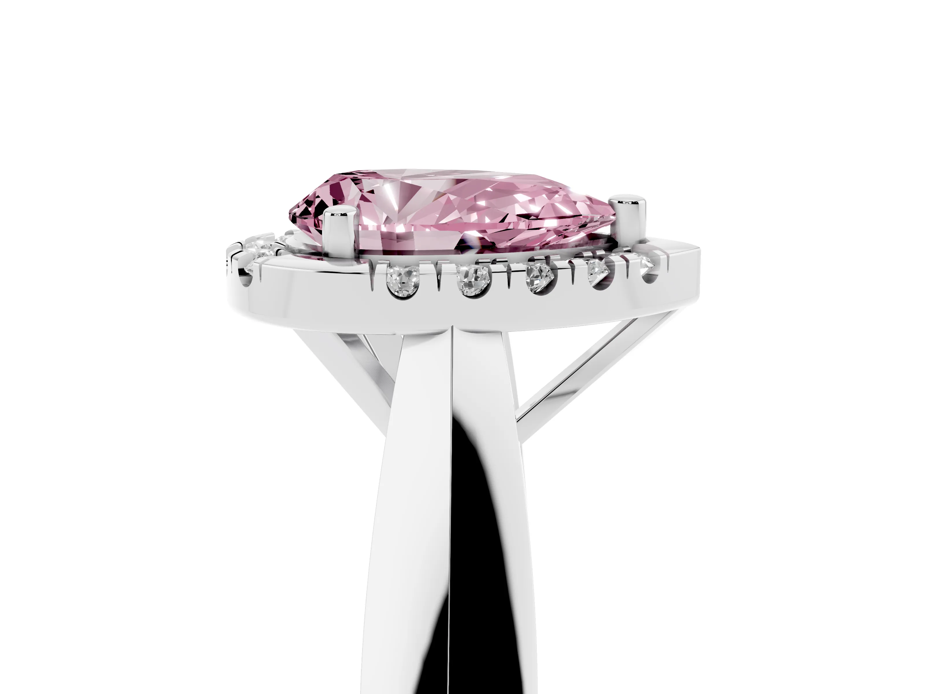Fancy Pink Pear Cut Diamond Halo Solitaire Engagement Ring Set in Platinum with Square Band and Prong Setting
