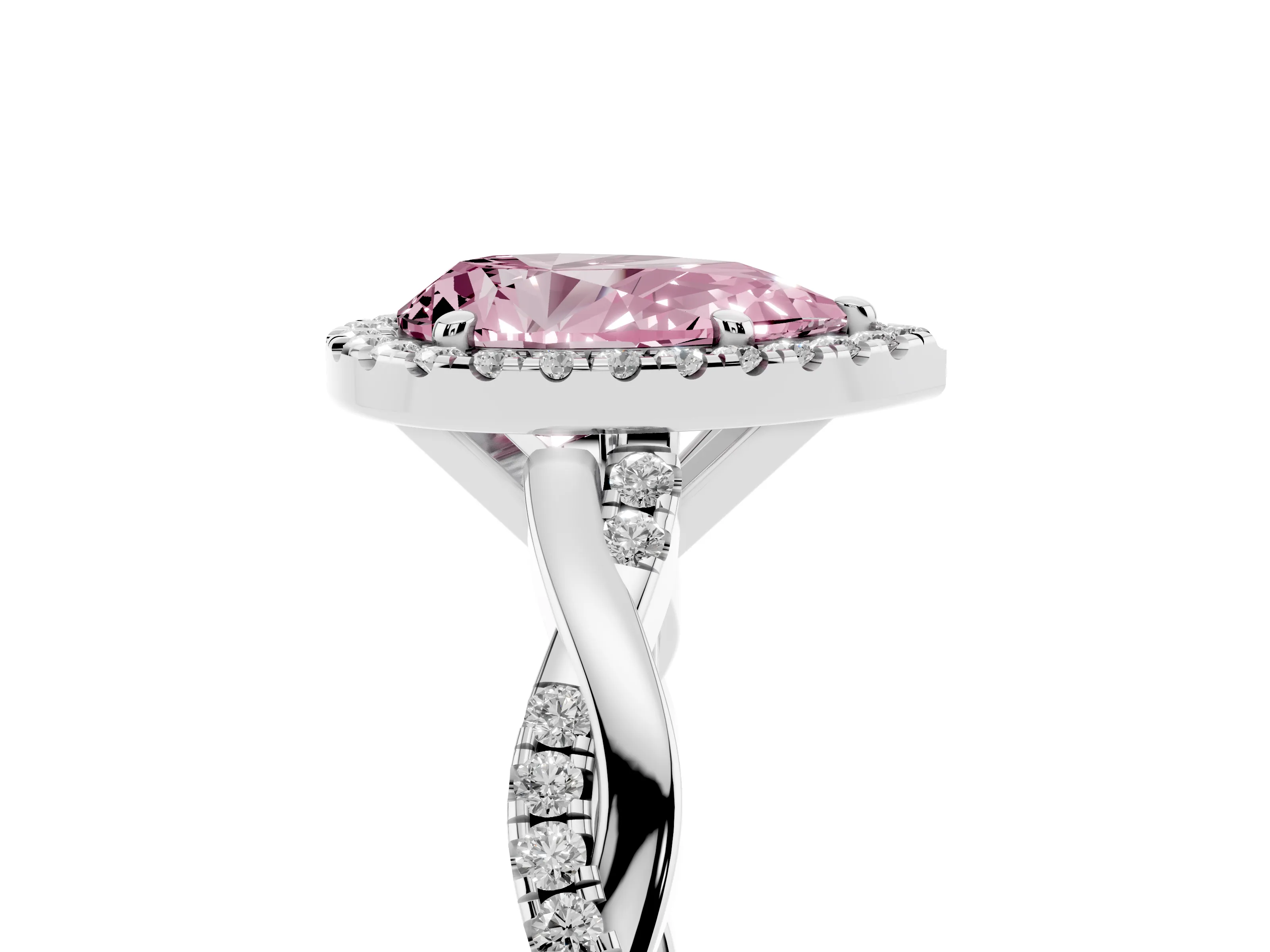 Fancy Pink Pear Cut Diamond Halo Twisted Band Ring Set in Platinum with Prong Setting