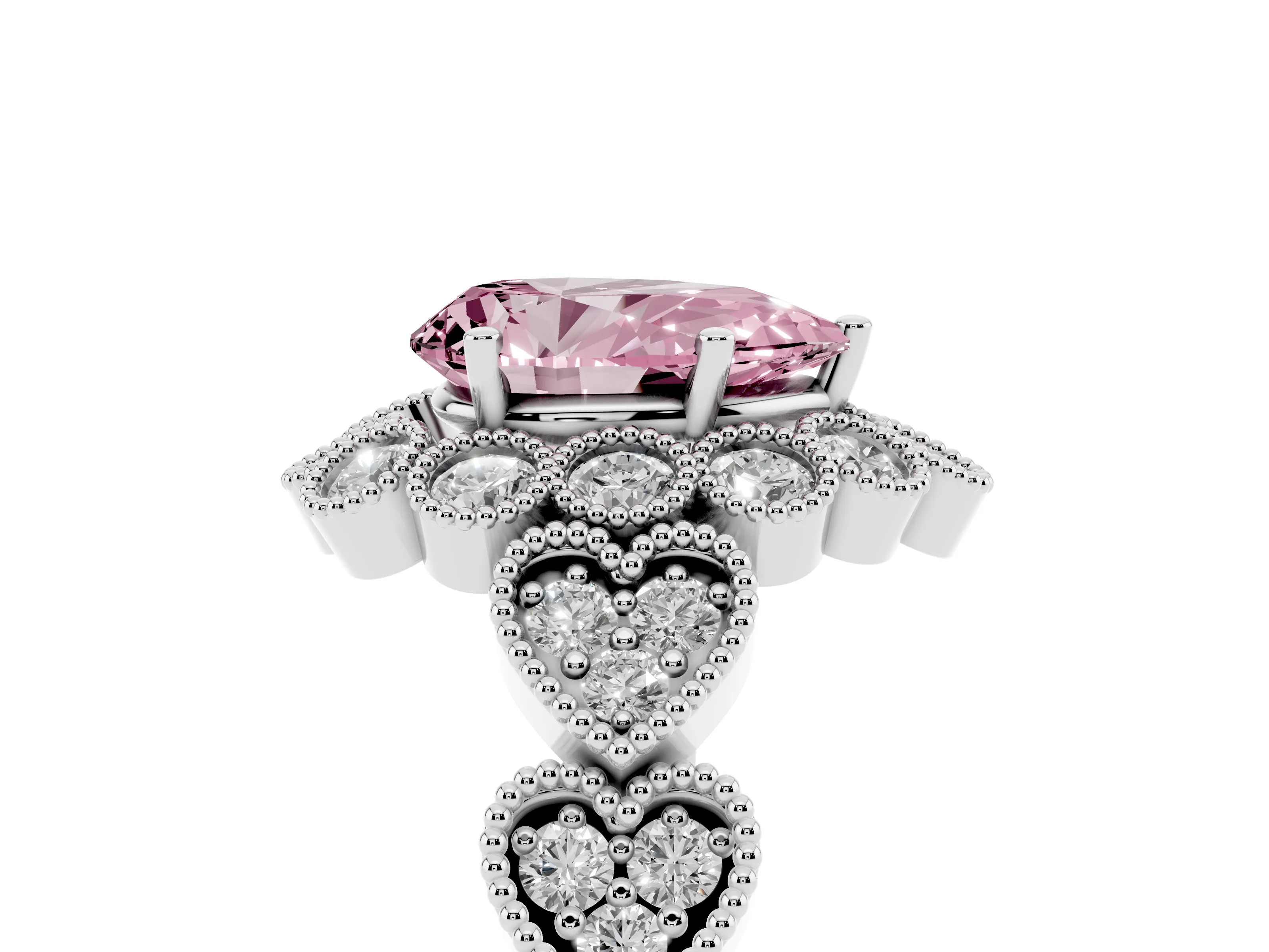 Fancy Pink Pear Cut Diamond Solitaire Ring Set in White gold with Milgrain Pavé Heart Band