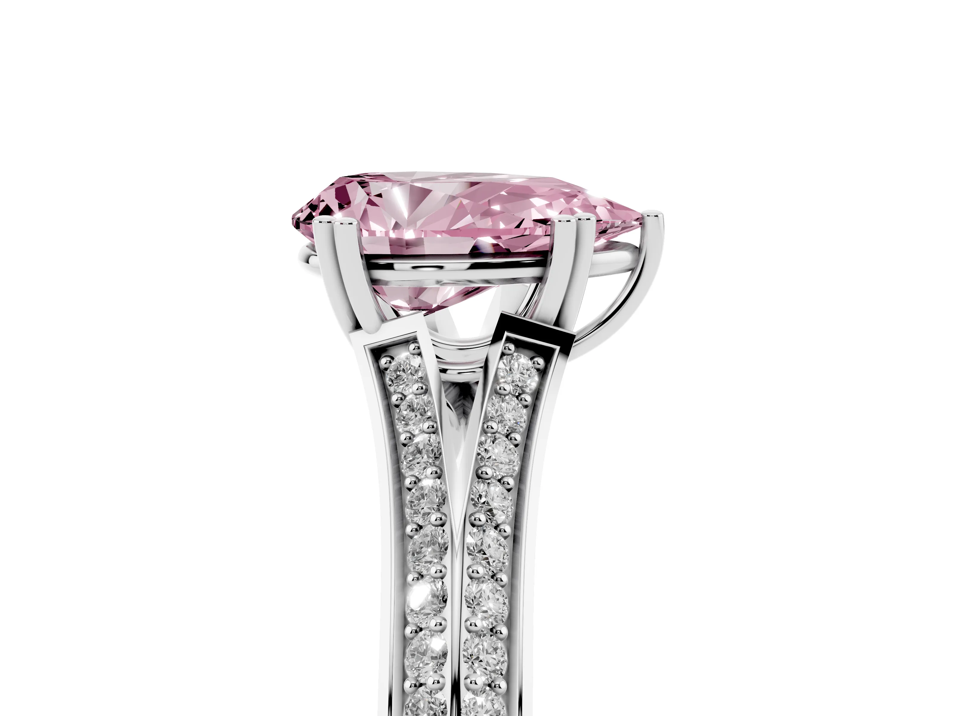 Fancy Pink Pear Cut Diamond Split Shank Pavé Engagement Ring Set in White gold with Prong-Set Center Stone