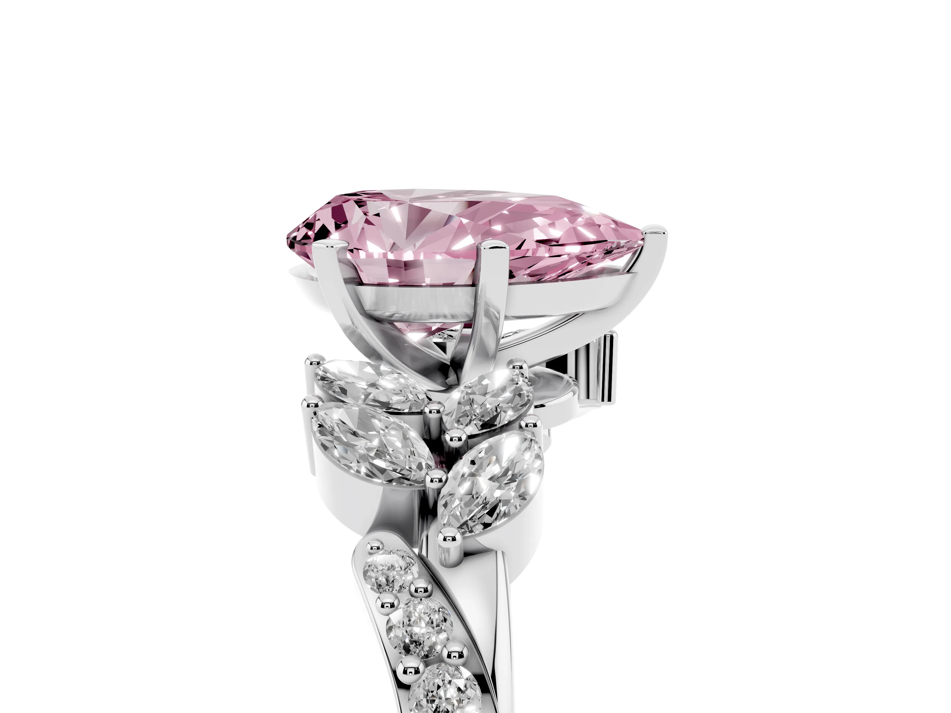 Fancy Pink Pear Cut Diamond Solitaire Ring Set in Platinum with Marquise Twist Band and Prong Setting