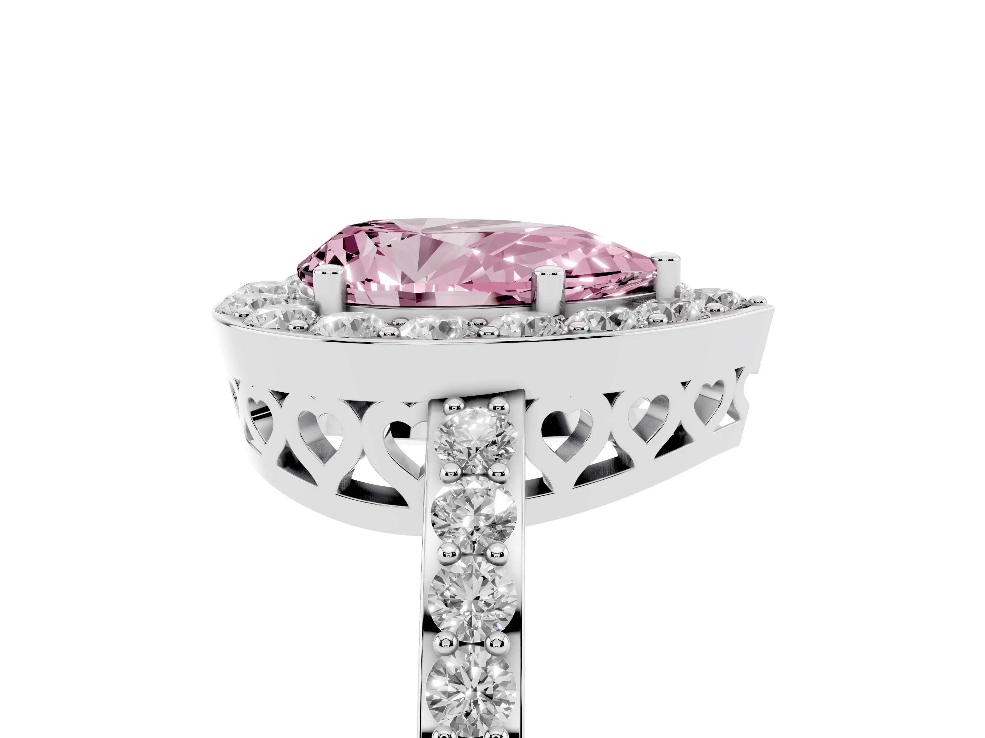 Fancy Pink Pear Cut Diamond Halo Ring Set in Platinum with Pavé-Setting Band and Open Prong Center