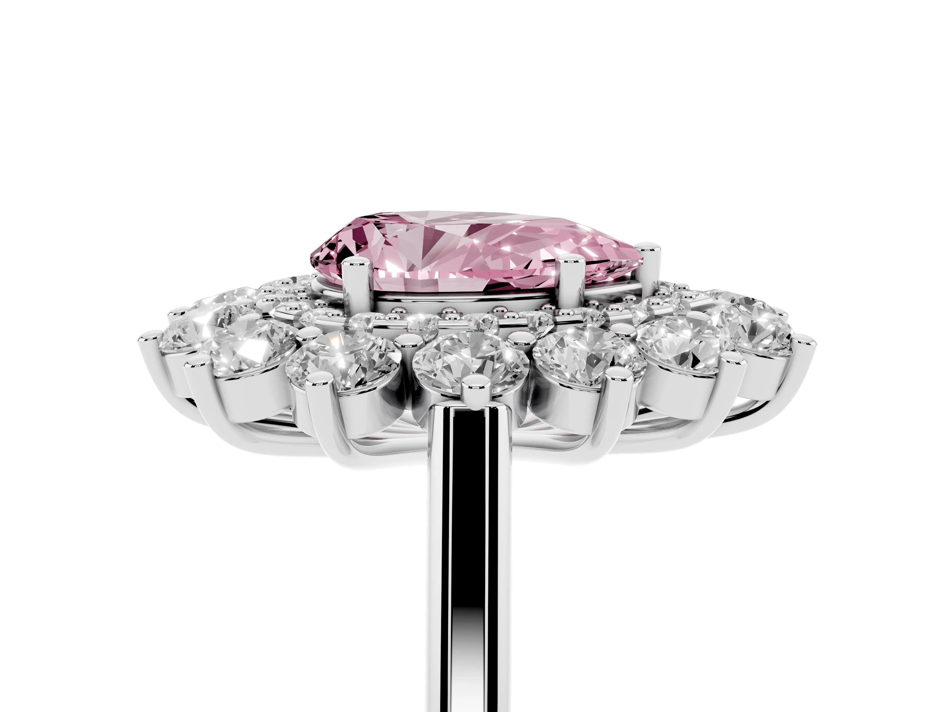Fancy Pink Pear Cut Diamond Floral Double Halo Ring Set in White gold with Round Petals