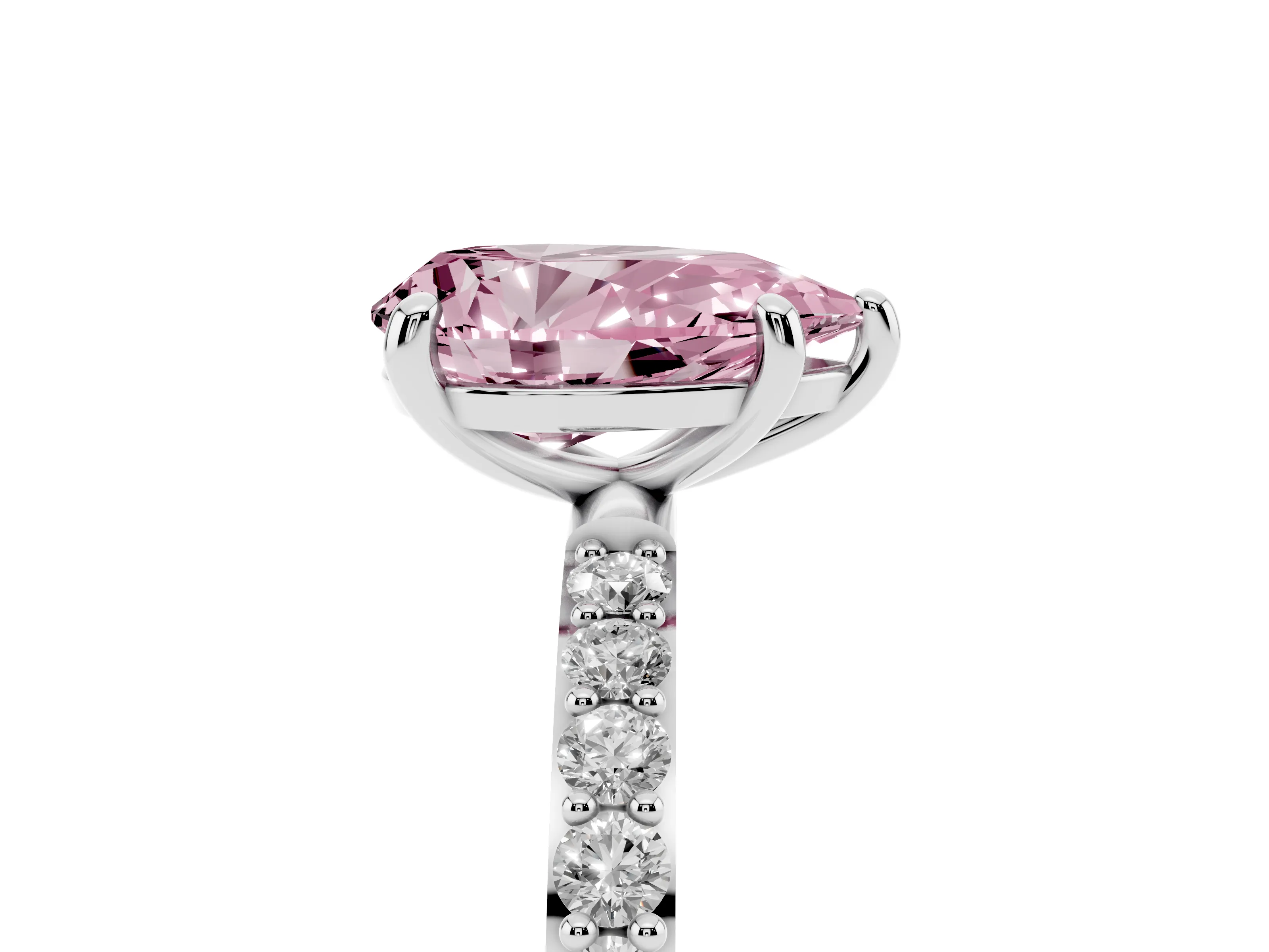 Fancy Pink Pear Cut Diamond Solitaire Ring Set in Platinum with Round Pavé Band and Prong Setting