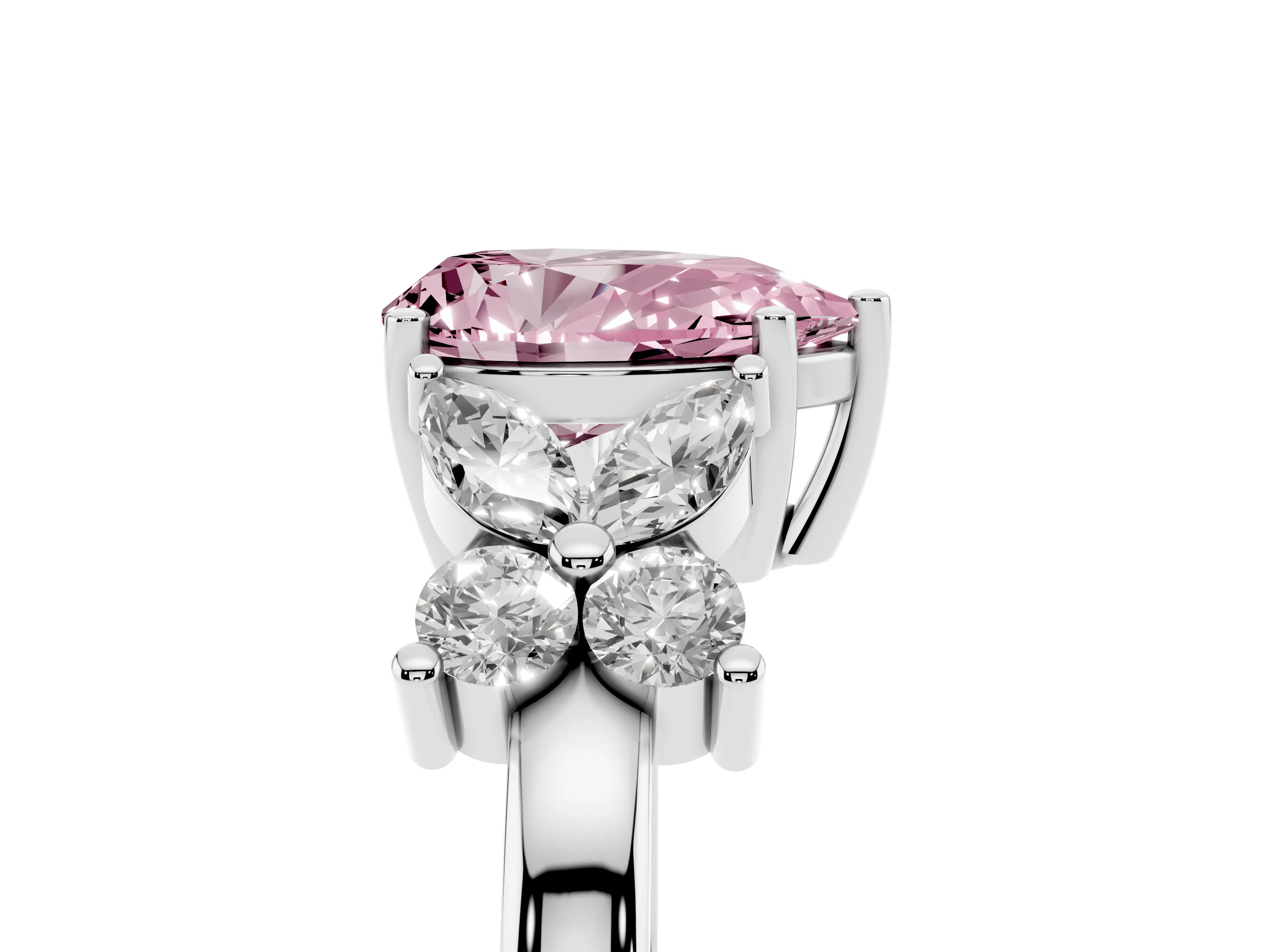 Fancy Pink Pear Cut Diamond Floral Cluster Ring Set in Platinum with Marquise Petals and Prong Setting