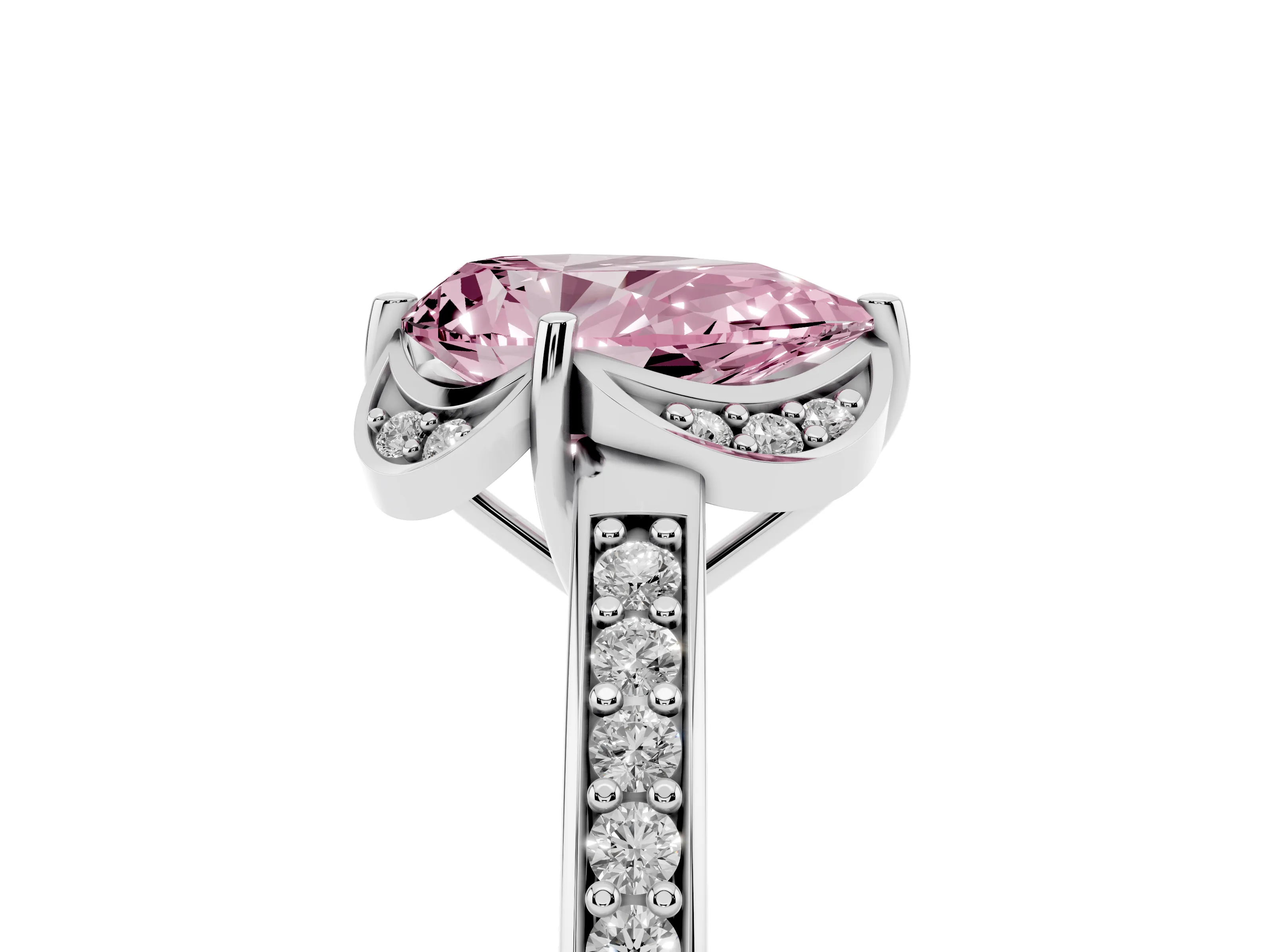 Fancy Pink Pear Cut Diamond Halo Ring Set in Silver with Channel Set Band and Prong Setting