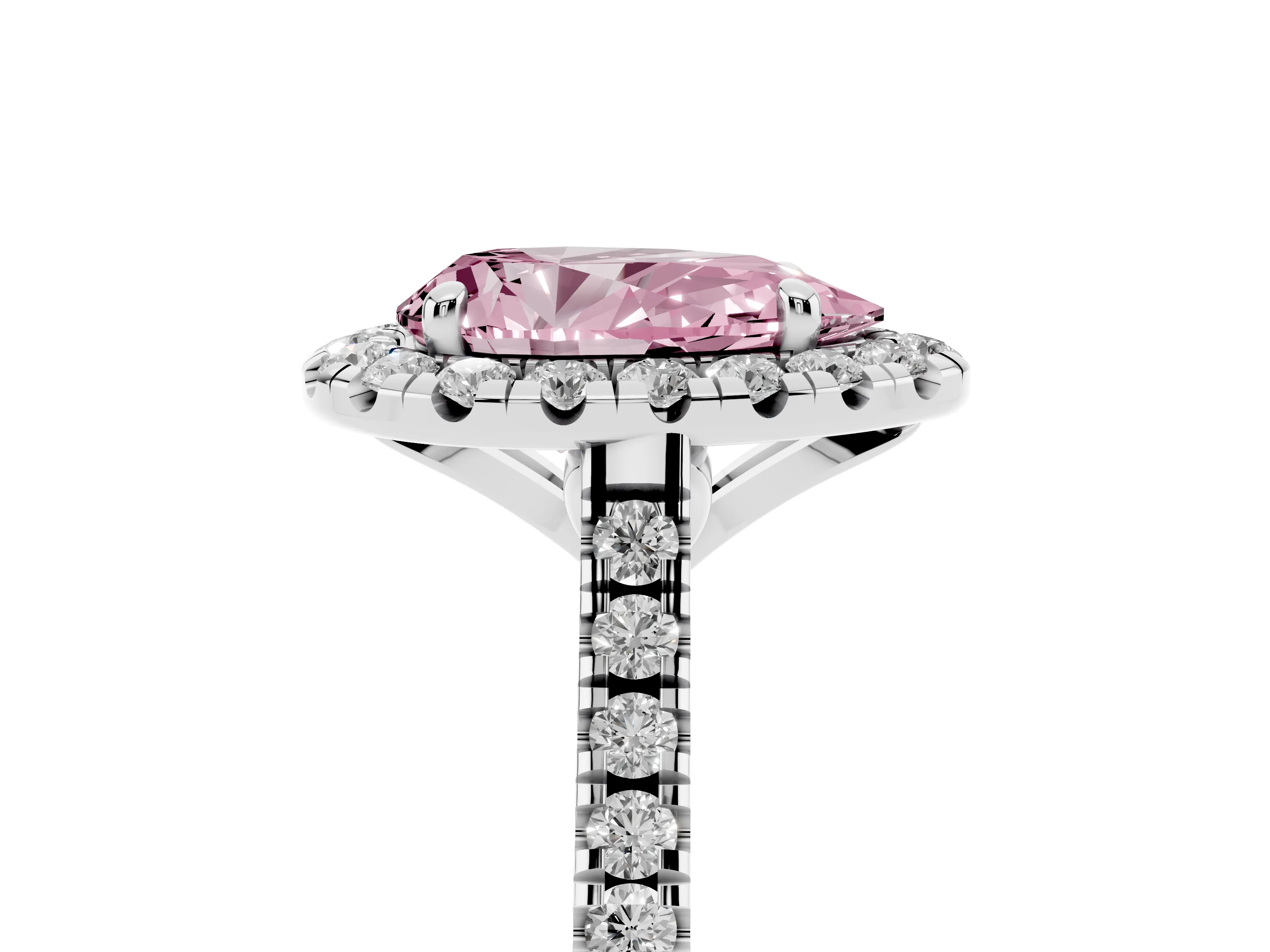 Fancy Pink Pear Cut Diamond Cushion Halo Ring Set in Platinum with Pavé Band