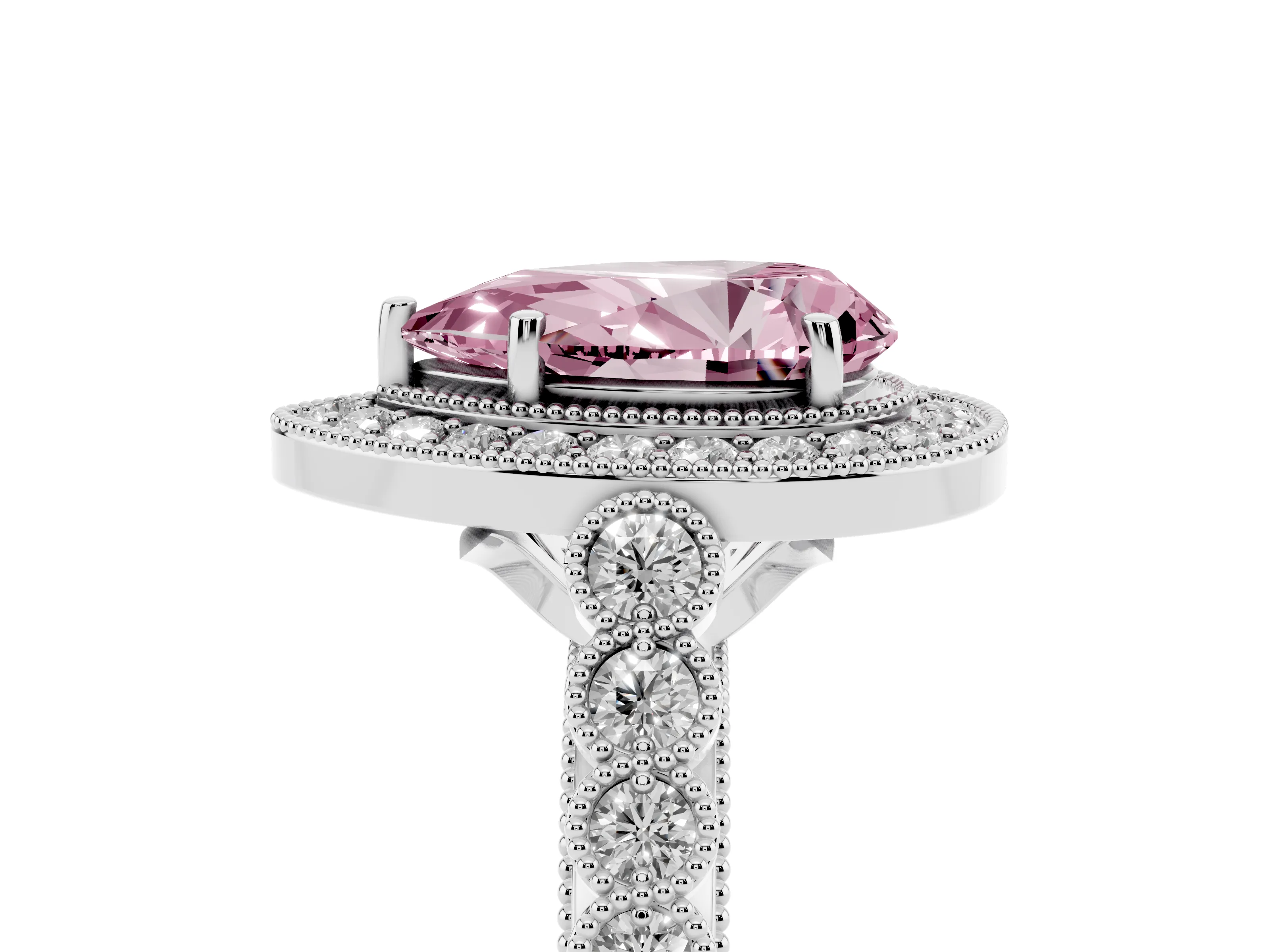 Fancy Pink Pear Cut Diamond Milgrain Halo Solitaire Ring Set in Platinum with Bezel Set Side Stones and Pavé Band