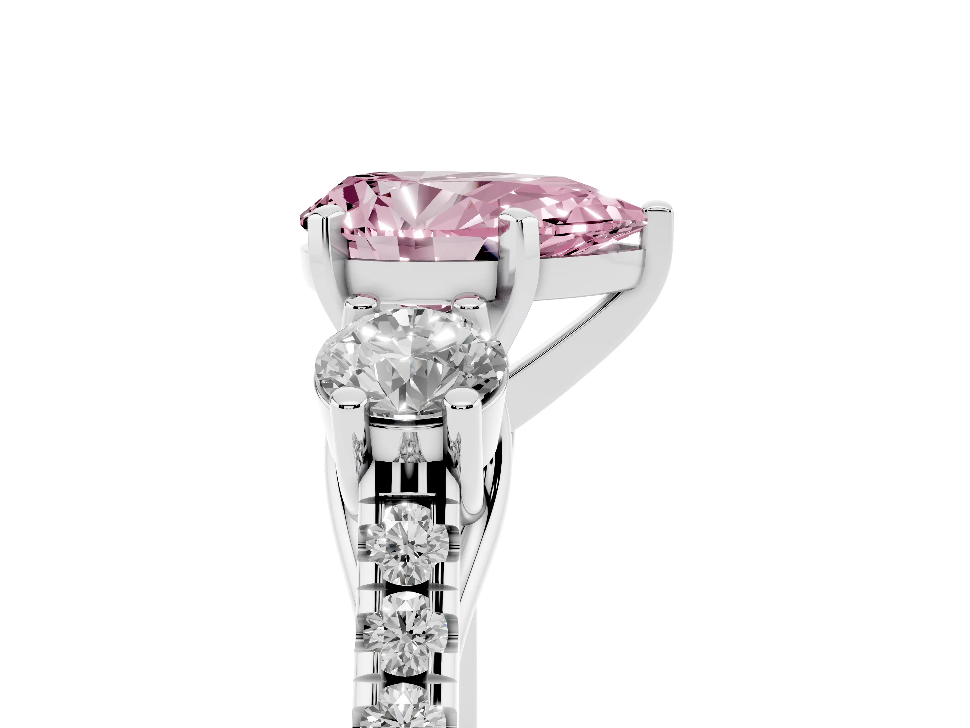Fancy Pink Three-Stone Pear Cut Diamond Pavé Band Ring Set in Platinum with Prong-Set Trio