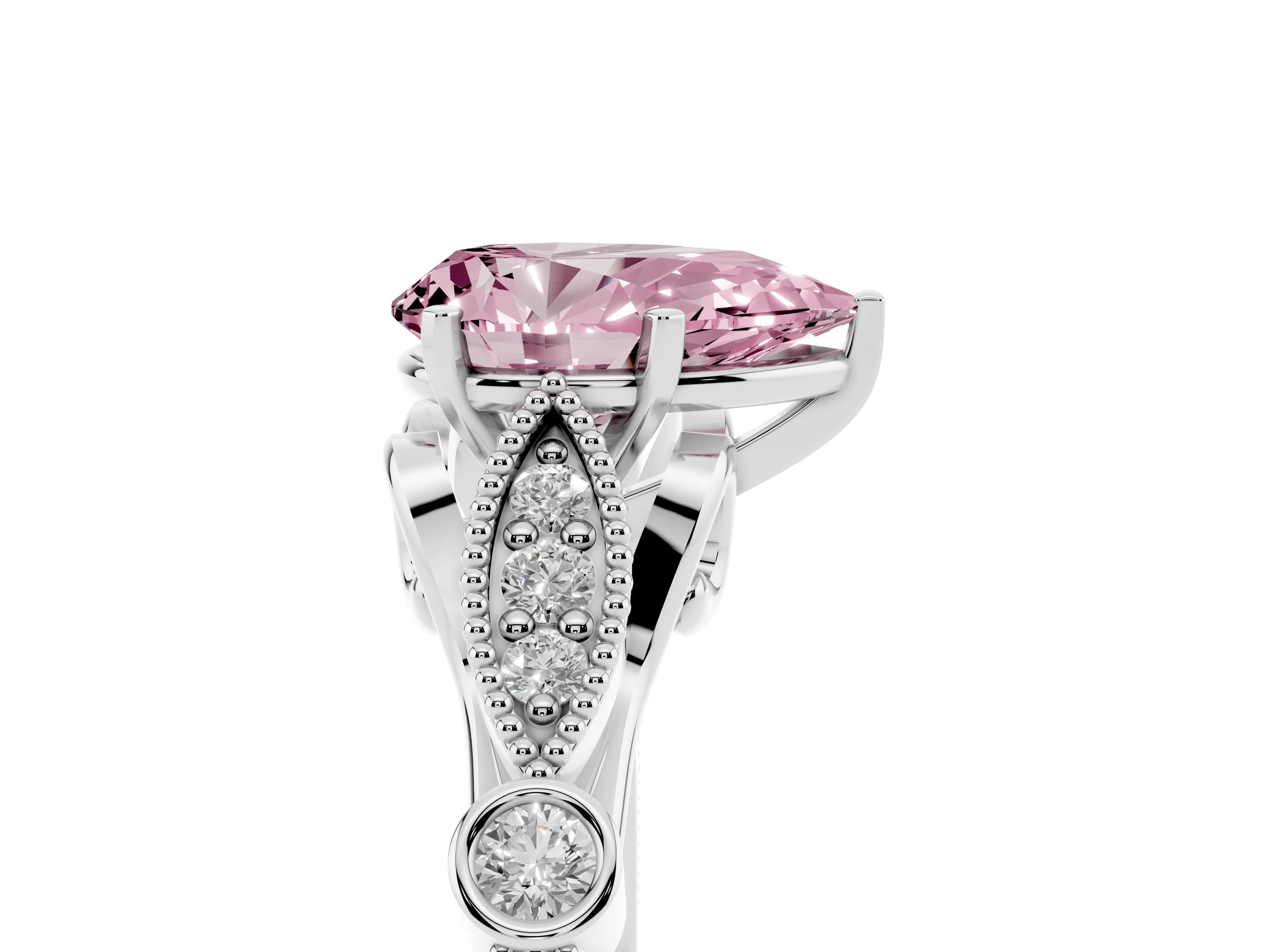 Fancy Pink Pear Cut Diamond Solitaire Ring Set in White gold with Milgrain Marquise and Bezel Accents