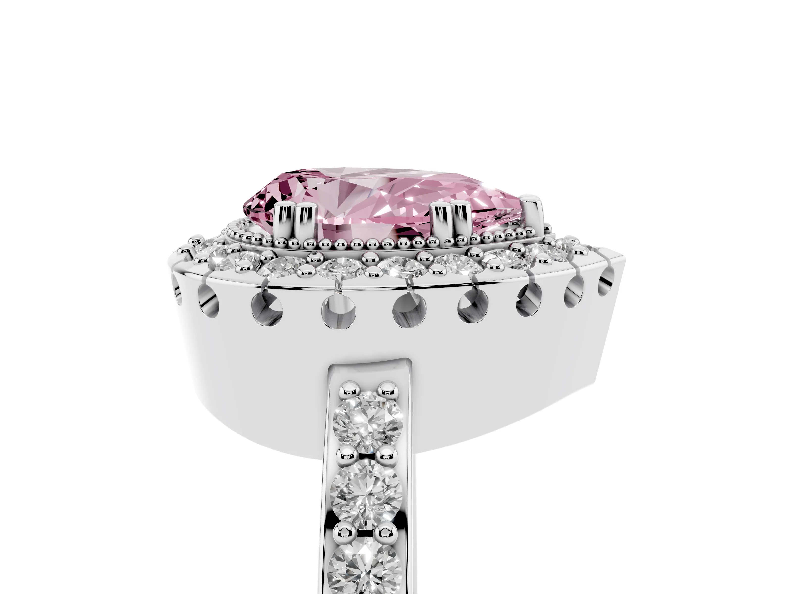 Fancy Pink Pear Cut Diamond Halo Ring Set in White gold with Pavé Shank and Prong Setting