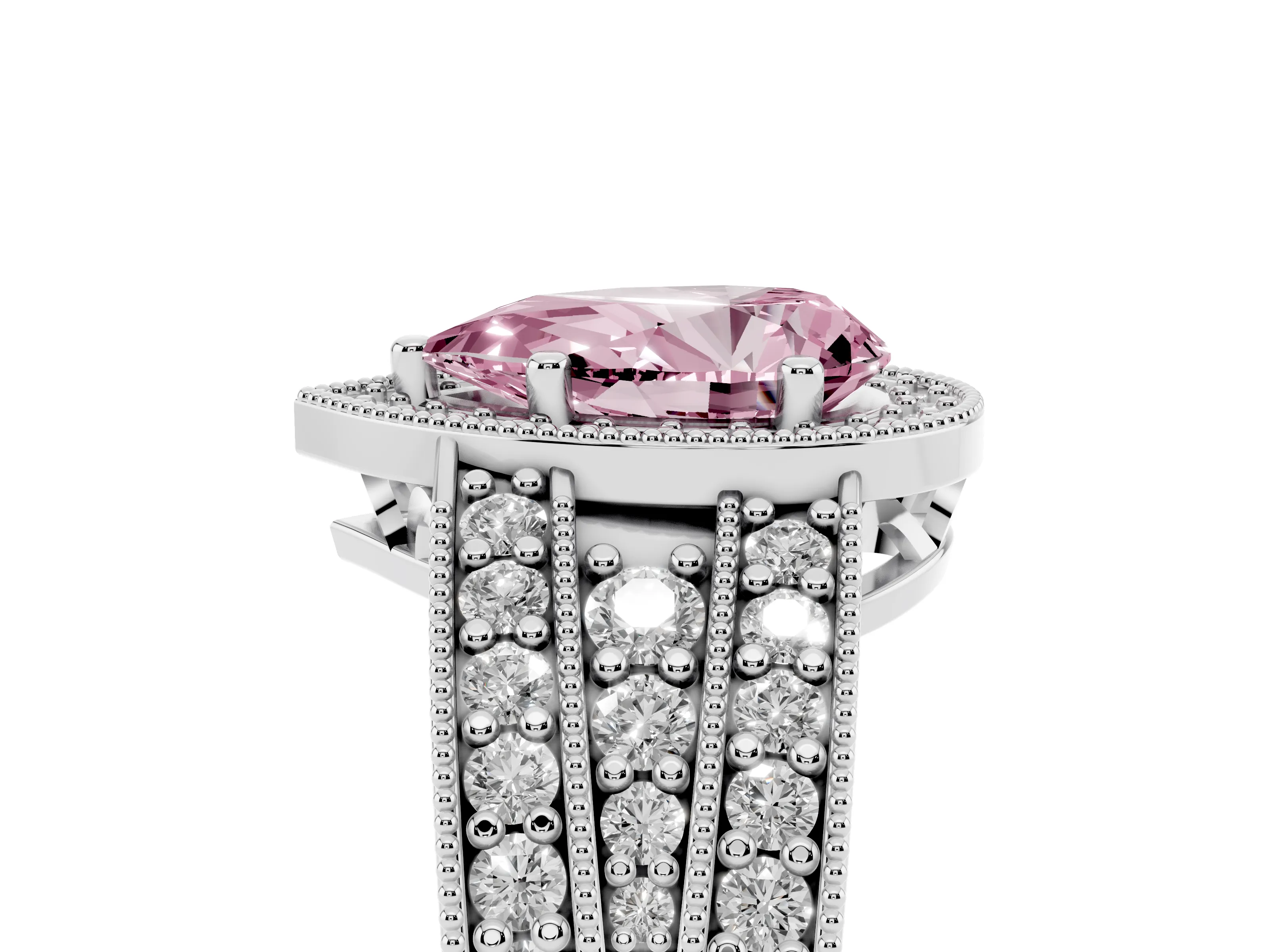 Fancy Pink Pear Cut Diamond Halo Ring Set in Platinum with Accent Split Shank and Prong Setting
