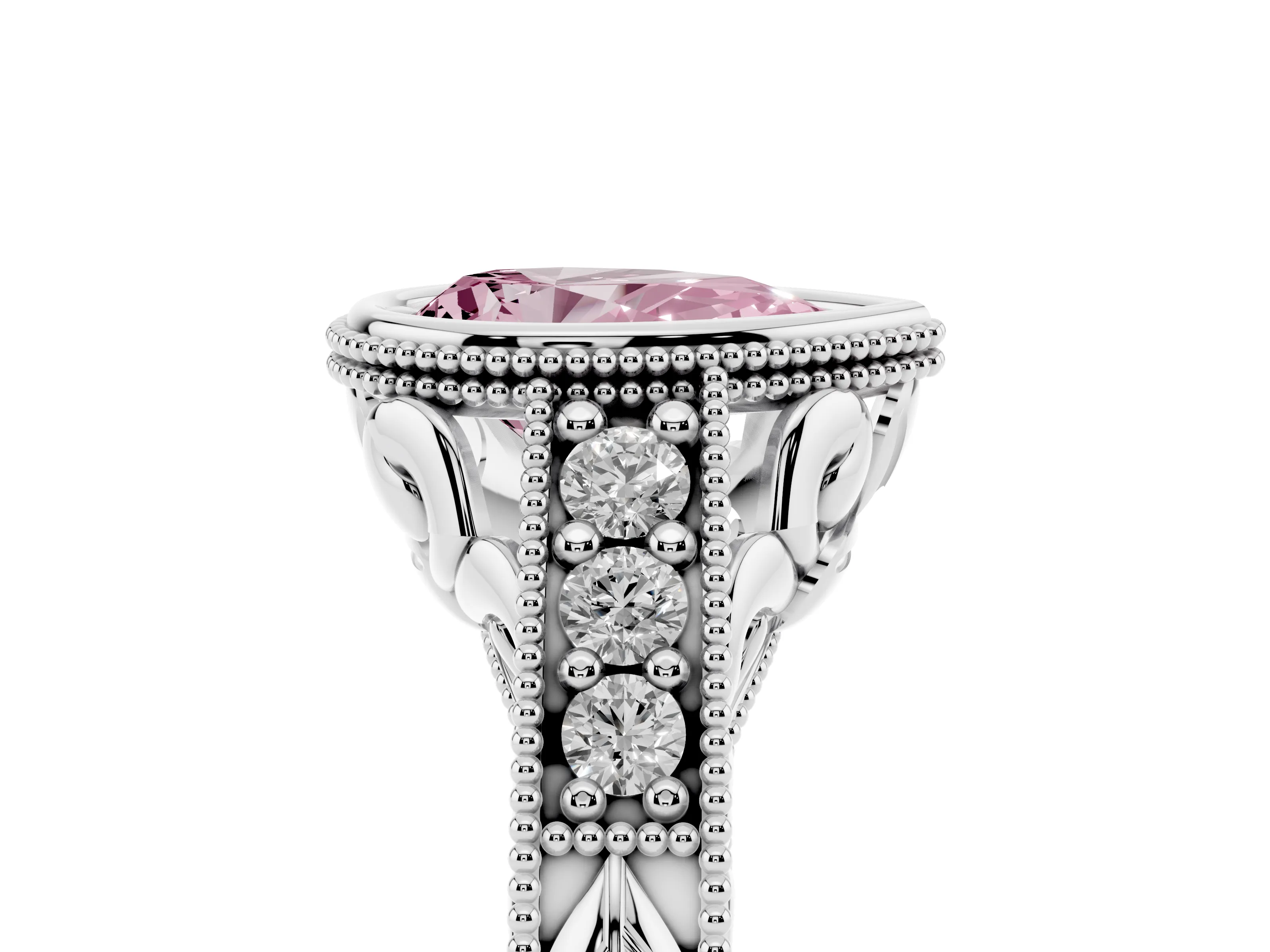 Fancy Pink Bezel Set Pear Cut Diamond Milgrain Pavé Engagement Ring Set in Silver