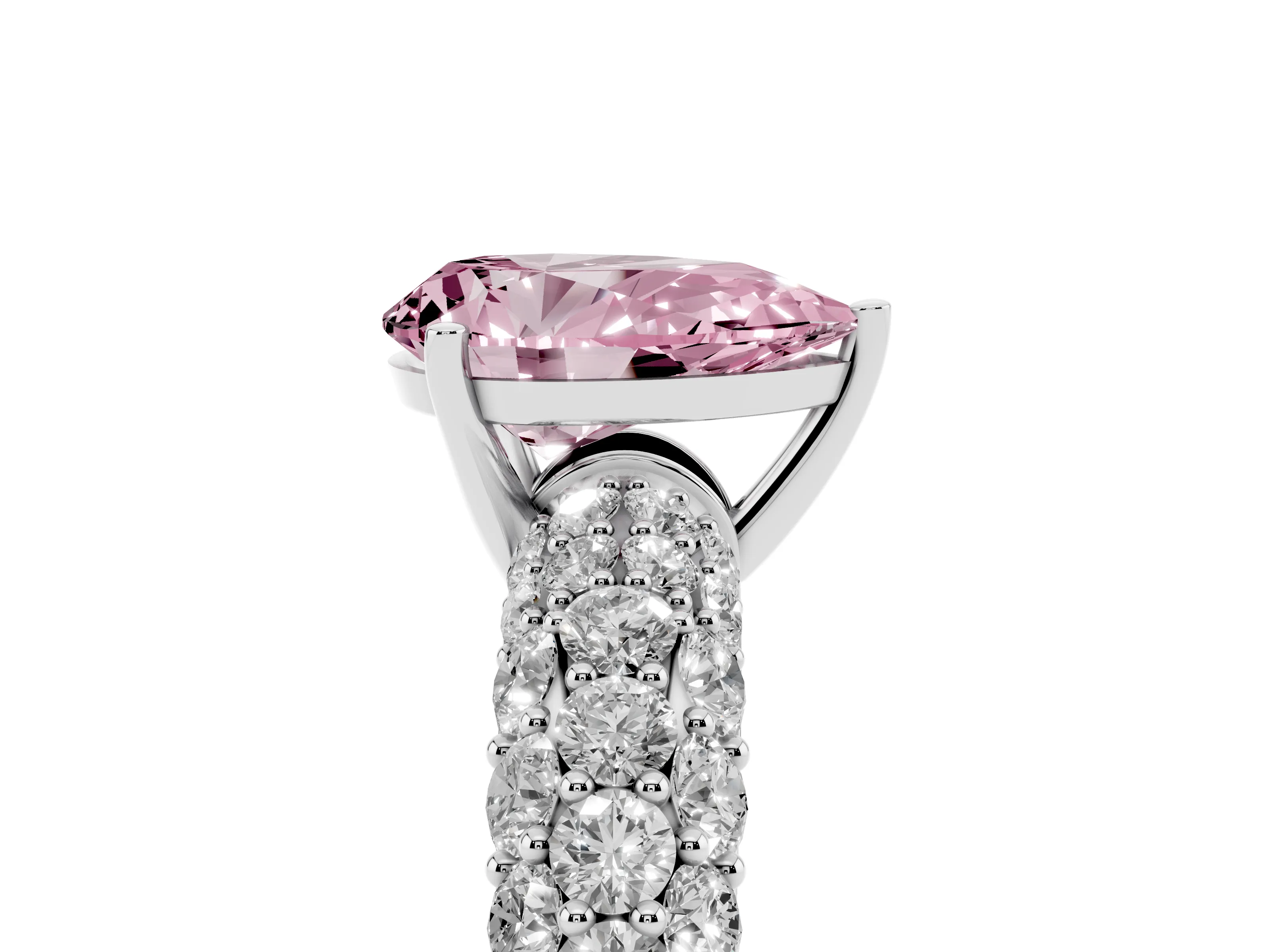 Fancy Pink Pear Cut Diamond Pavé Band Solitaire Ring Set in White gold with Close-Set Accent Stones and Prong Setting