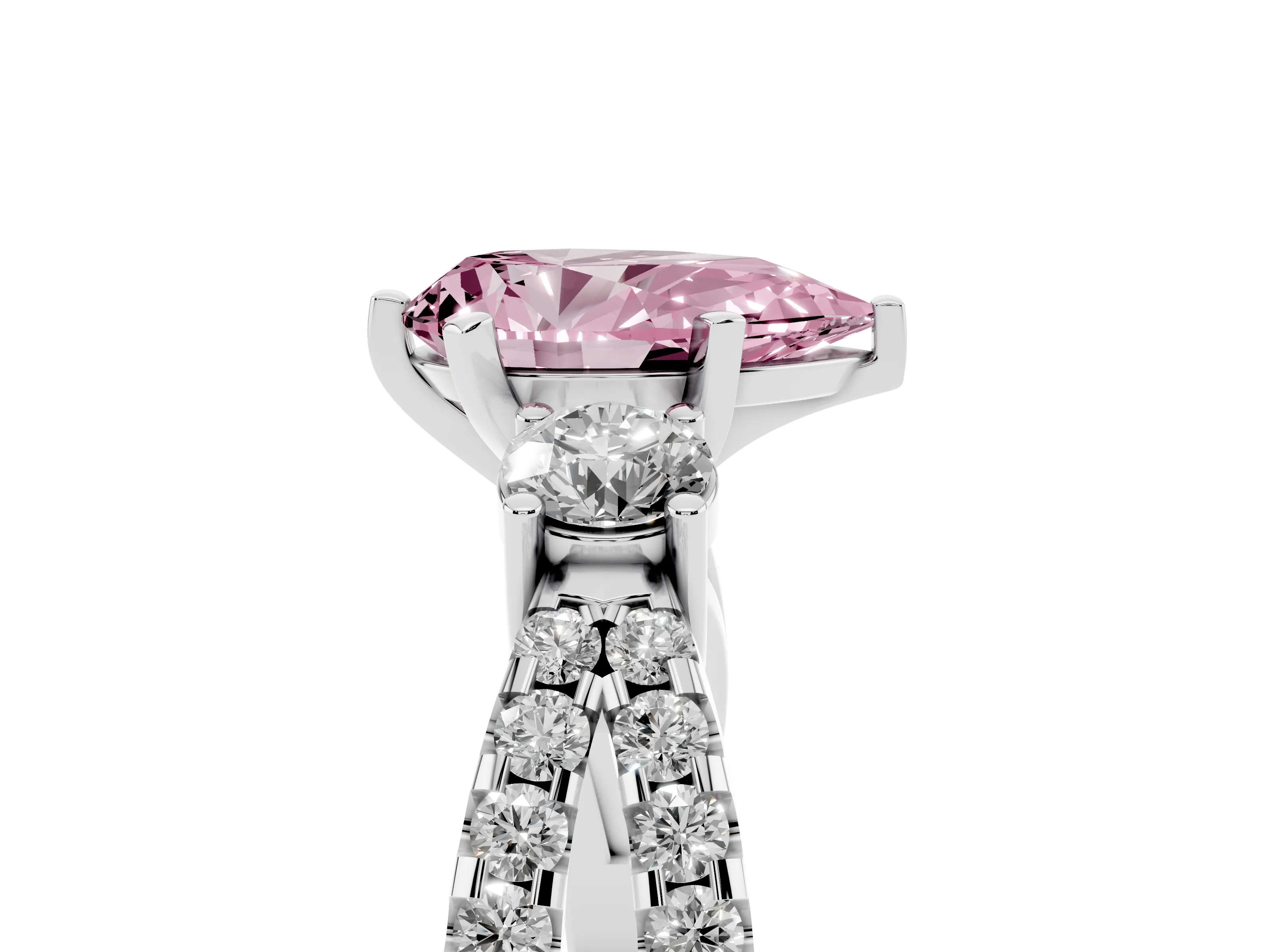 Fancy Pink Pear Cut Diamond Three-Stone Ring Set in White gold with Pavé Split Shank and Prong Setting