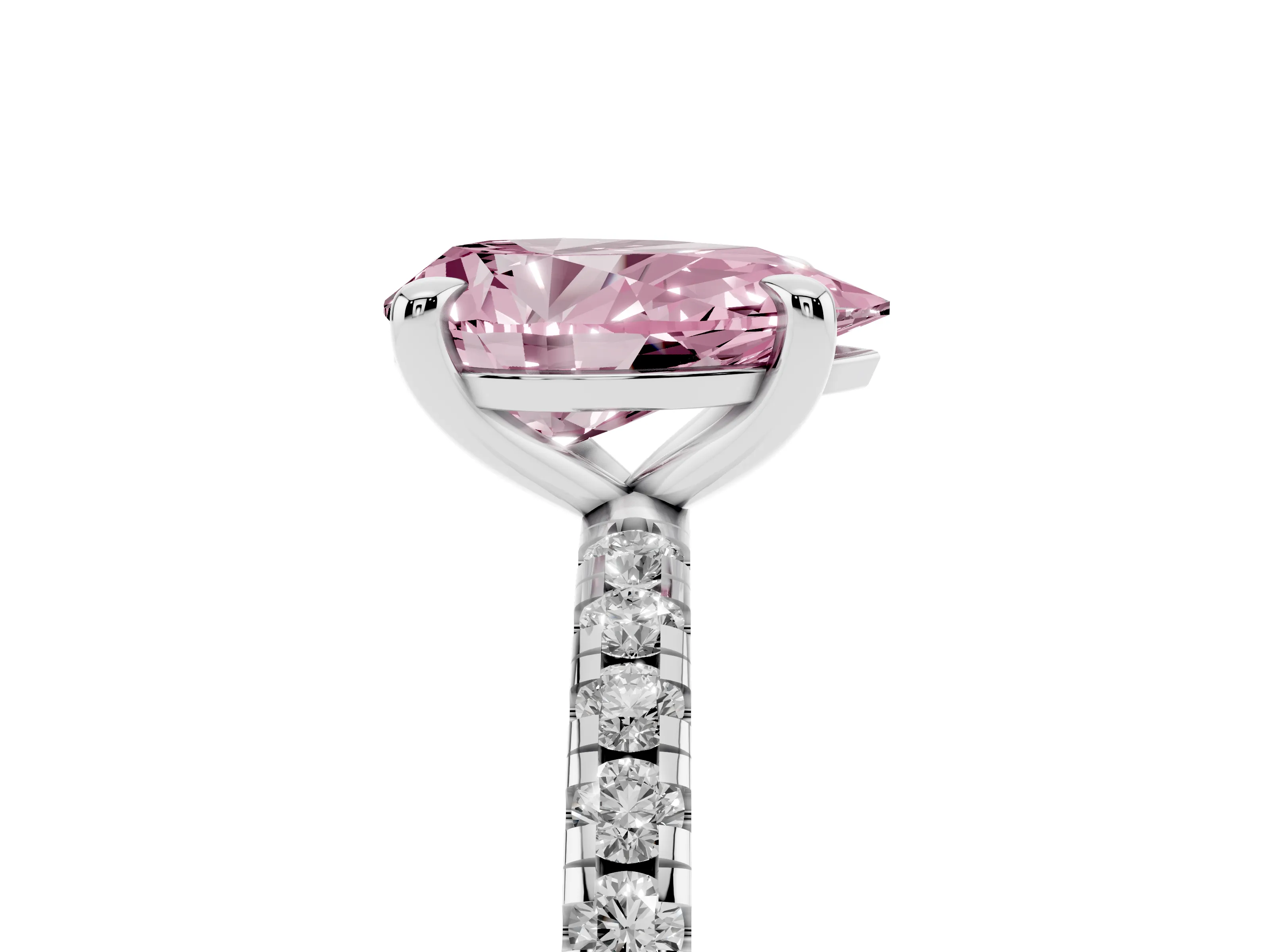 Fancy Pink Pear Cut Diamond Brilliant Solitaire Ring Set in White gold with Pavé Band and Prong Setting