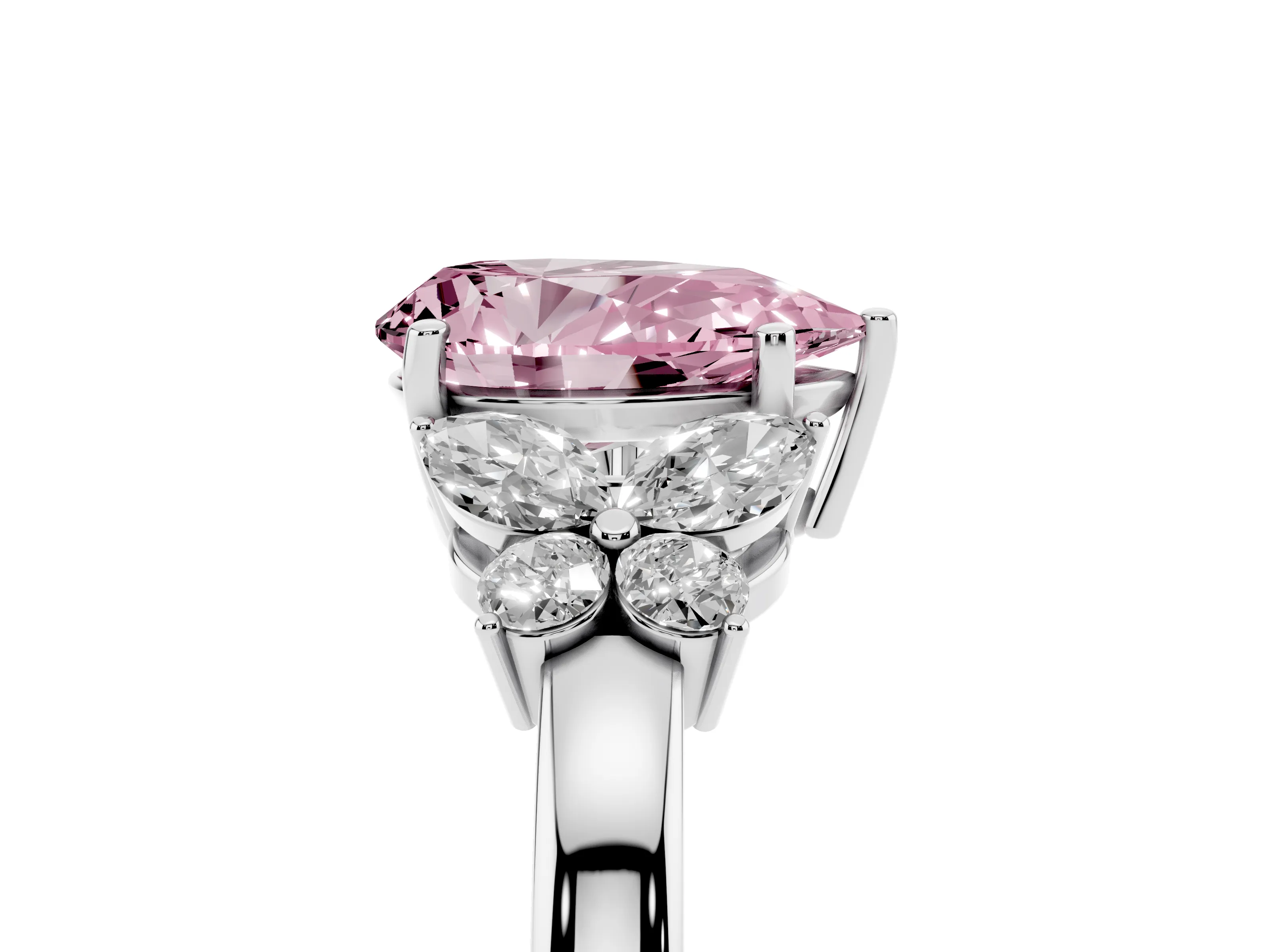 Fancy Pink Pear Cut Diamond Solitaire Floral Ring Set in Silver with Marquise Petals and Prong Setting
