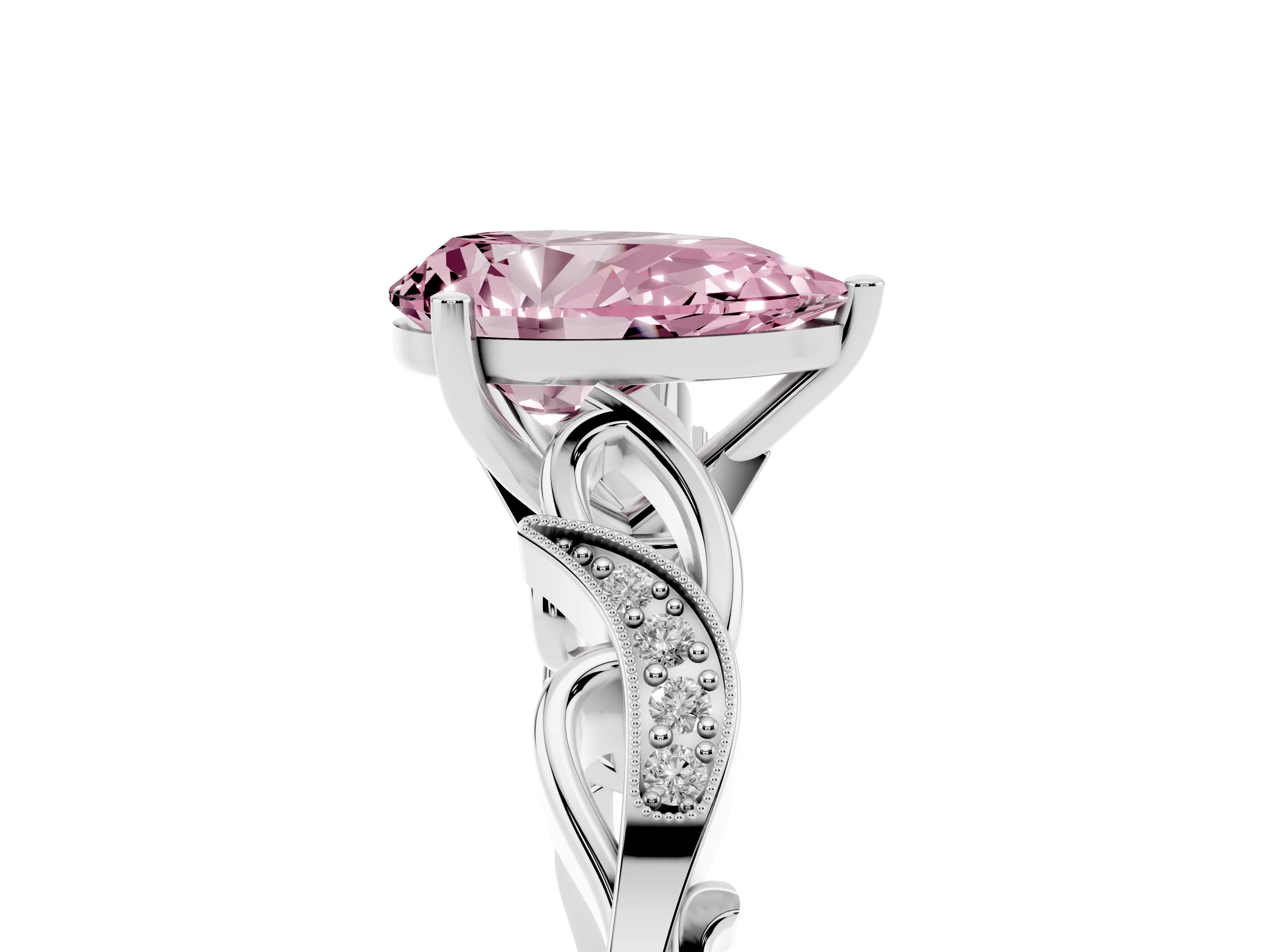 Fancy Pink Pear Cut Diamond Vine Band Solitaire Ring Set in White gold with Milgrain Prong Setting