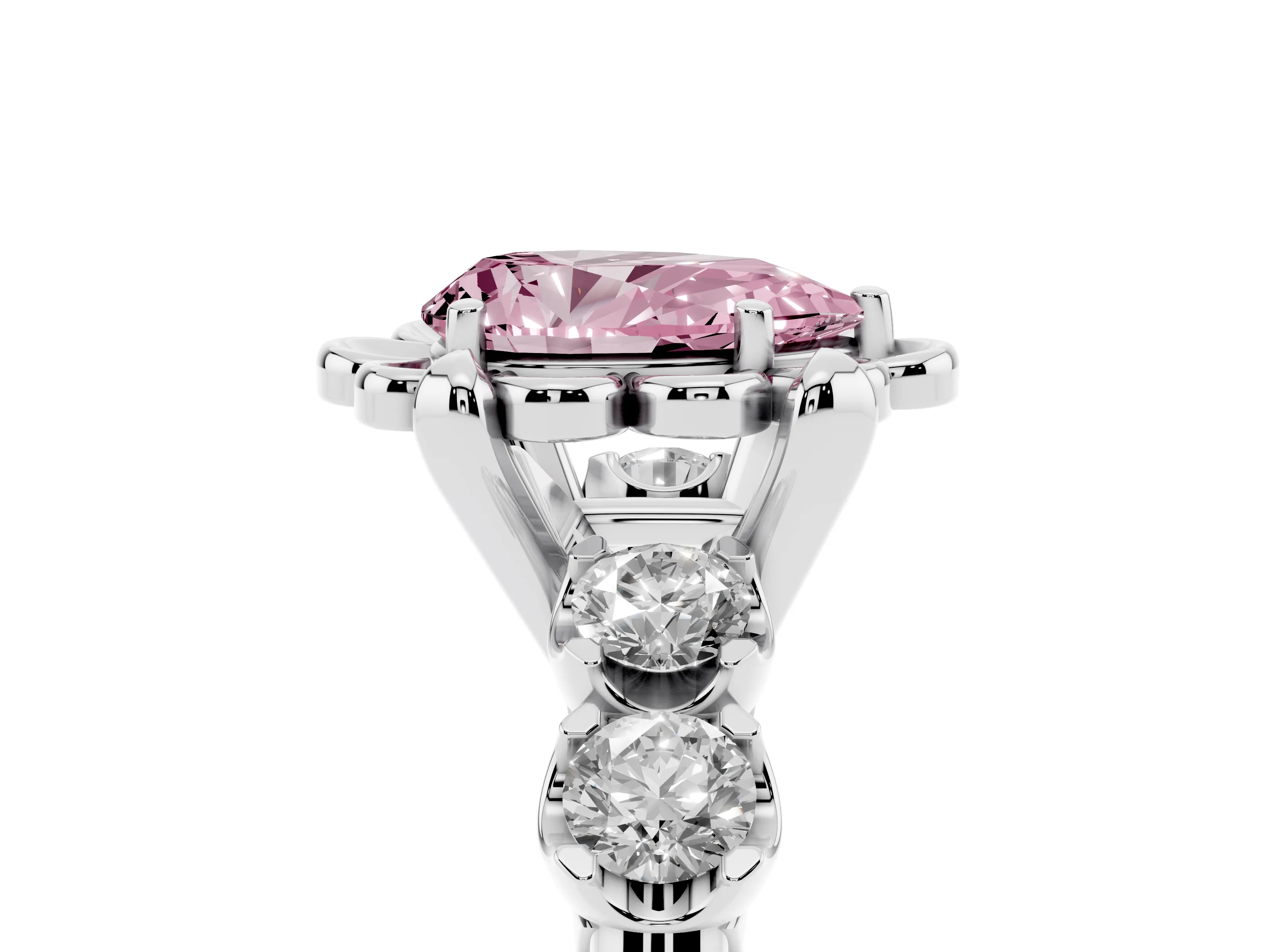Fancy Pink Pear Cut Diamond Floral Halo Ring Set in White gold with Shared Prong Band