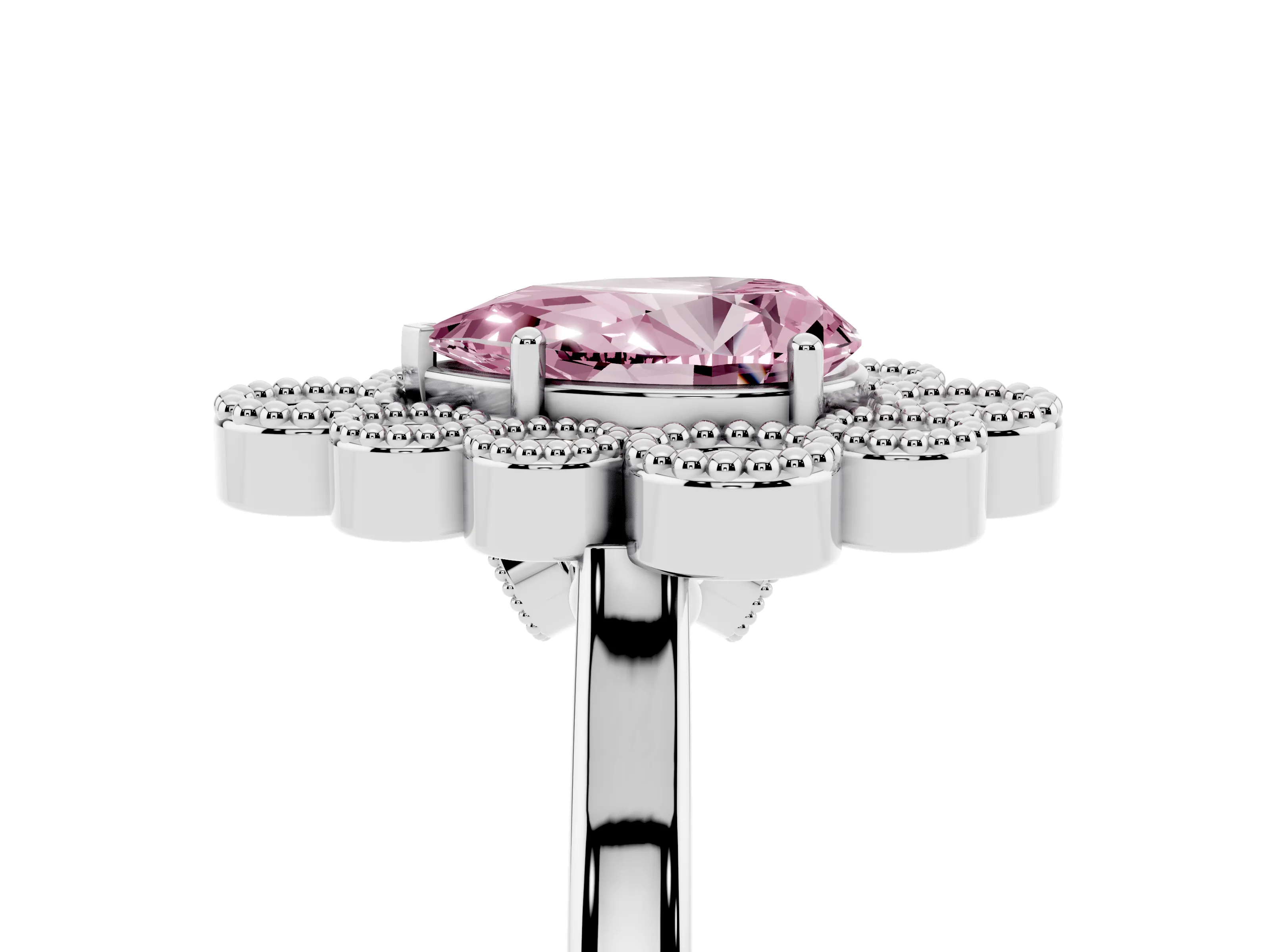 Fancy Pink Pear Cut Diamond Cluster Halo Ring Set in White gold with Milgrain Bezel Accents and Plain Band