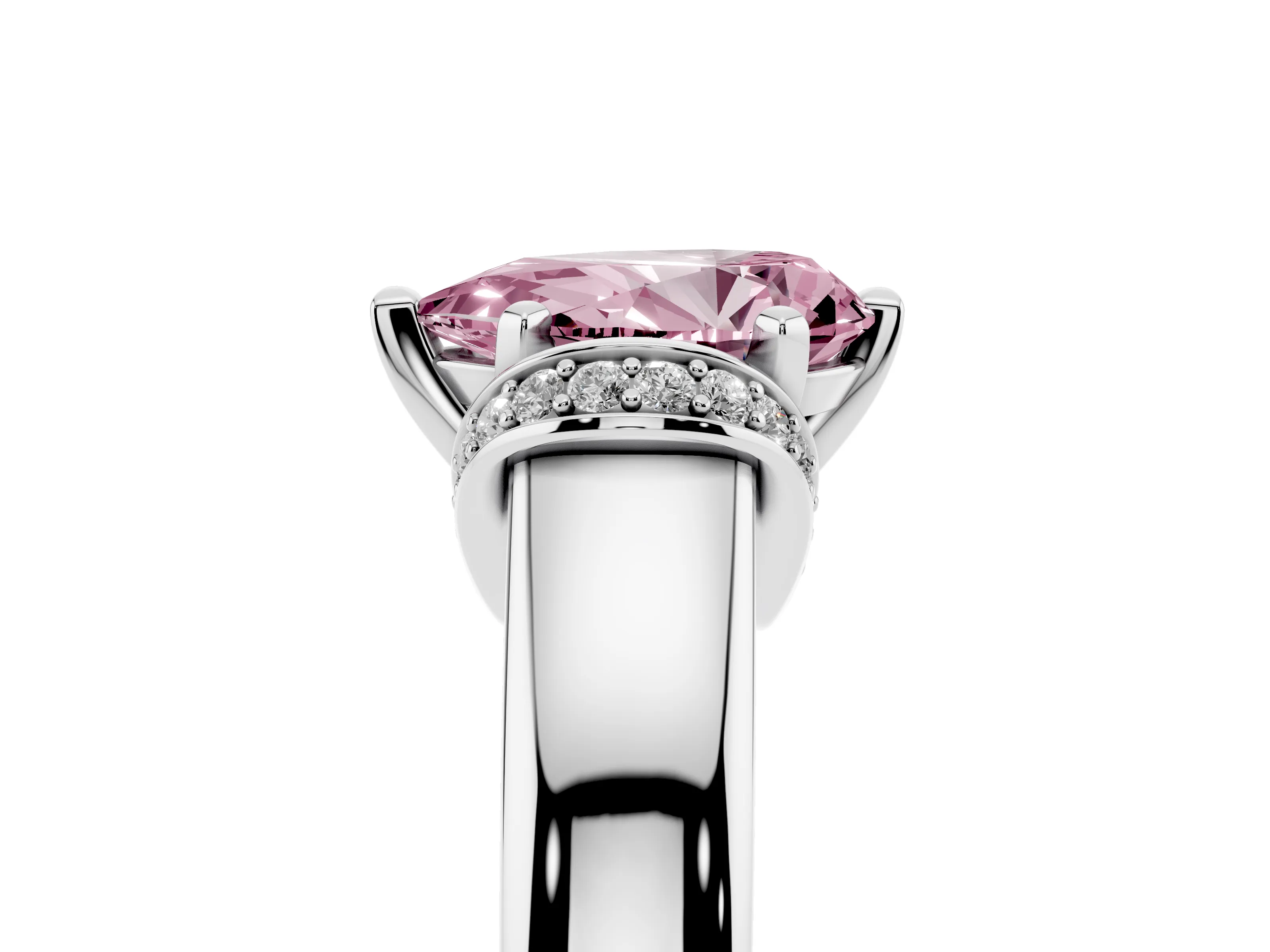 Fancy Pink Pear Cut Diamond Pavé Band Solitaire Ring Set in Silver with Prong Setting