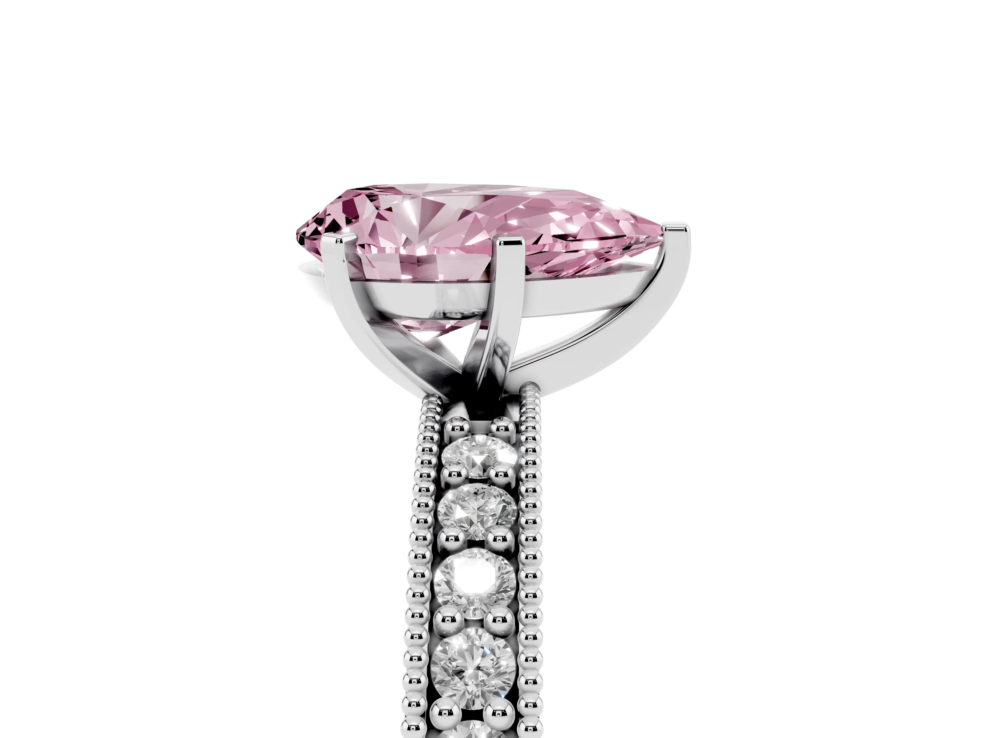 Fancy Pink Pear Cut Diamond Milgrain Pavé Engagement Ring Set in Platinum with Prong Setting