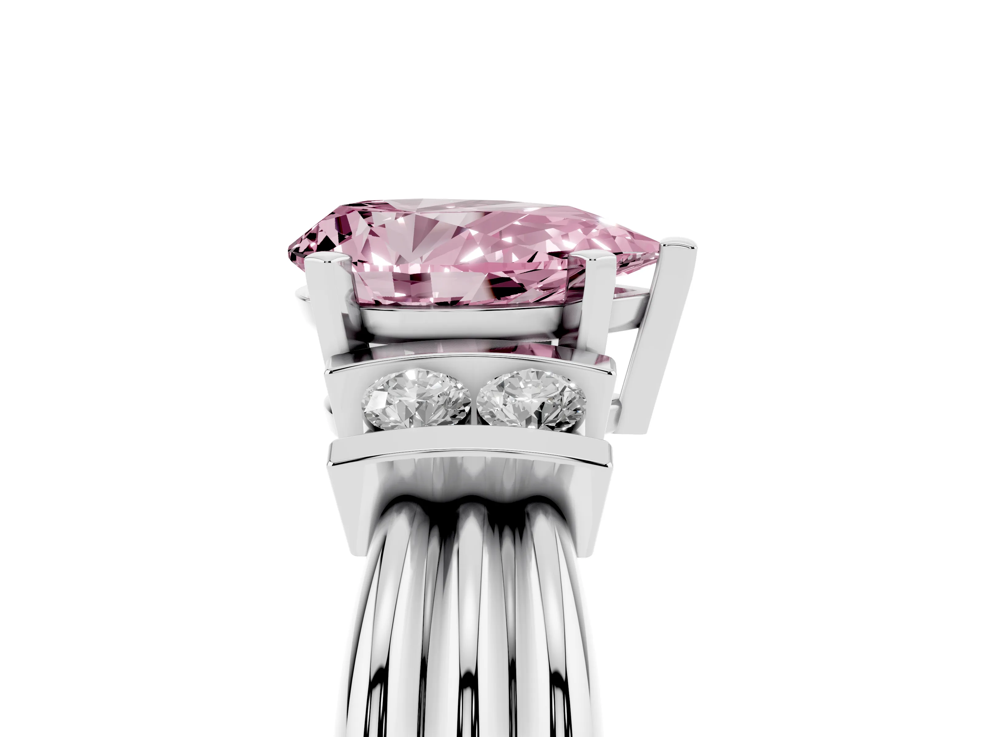 Fancy Pink Three-Stone Pear Cut Diamond Channel Set Ring Set in White gold with Bar Prongs