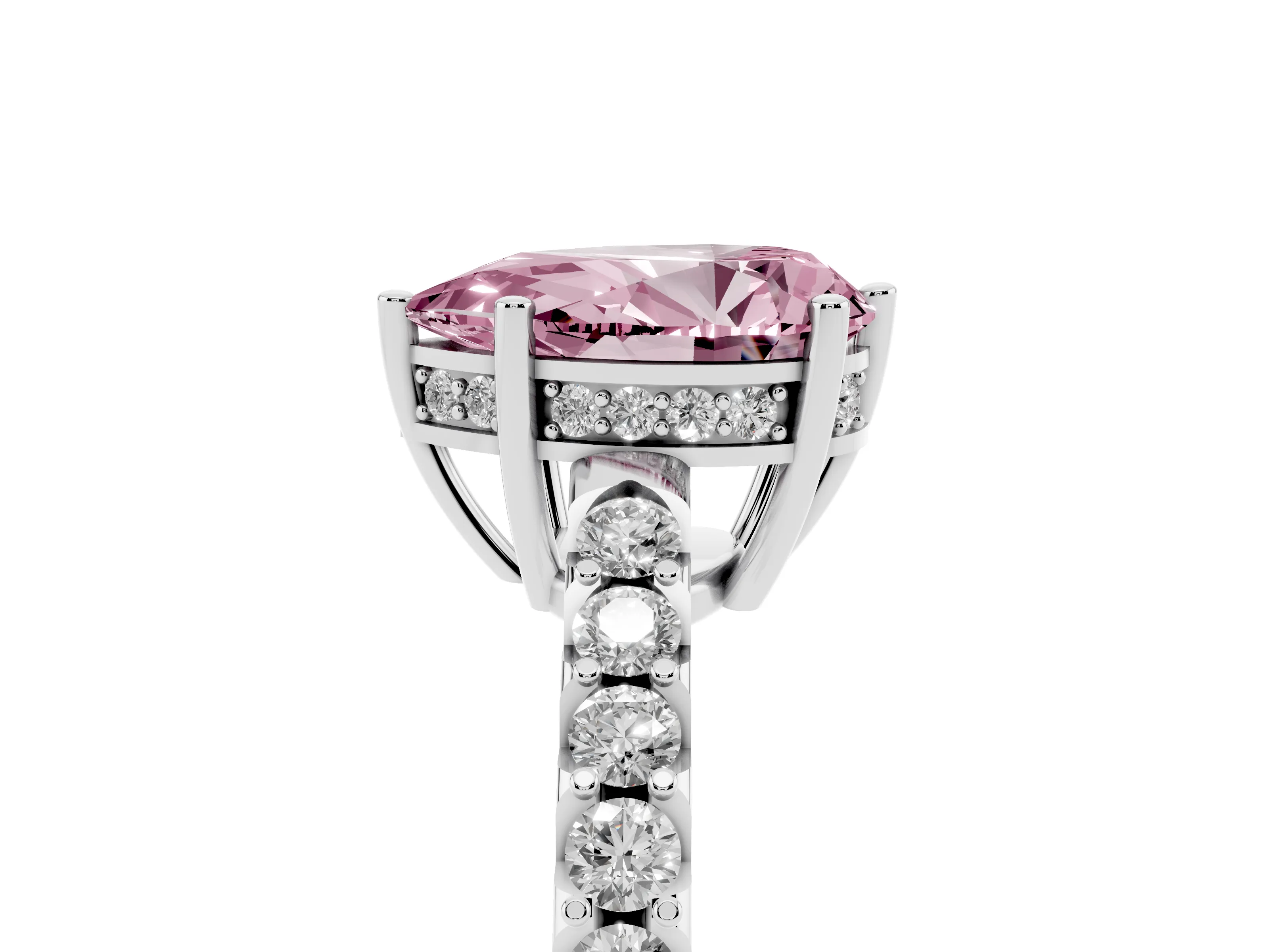 Fancy Pink Pear Cut Diamond Solitaire Engagement Ring Set in Platinum with Pavé Band and Prong Setting