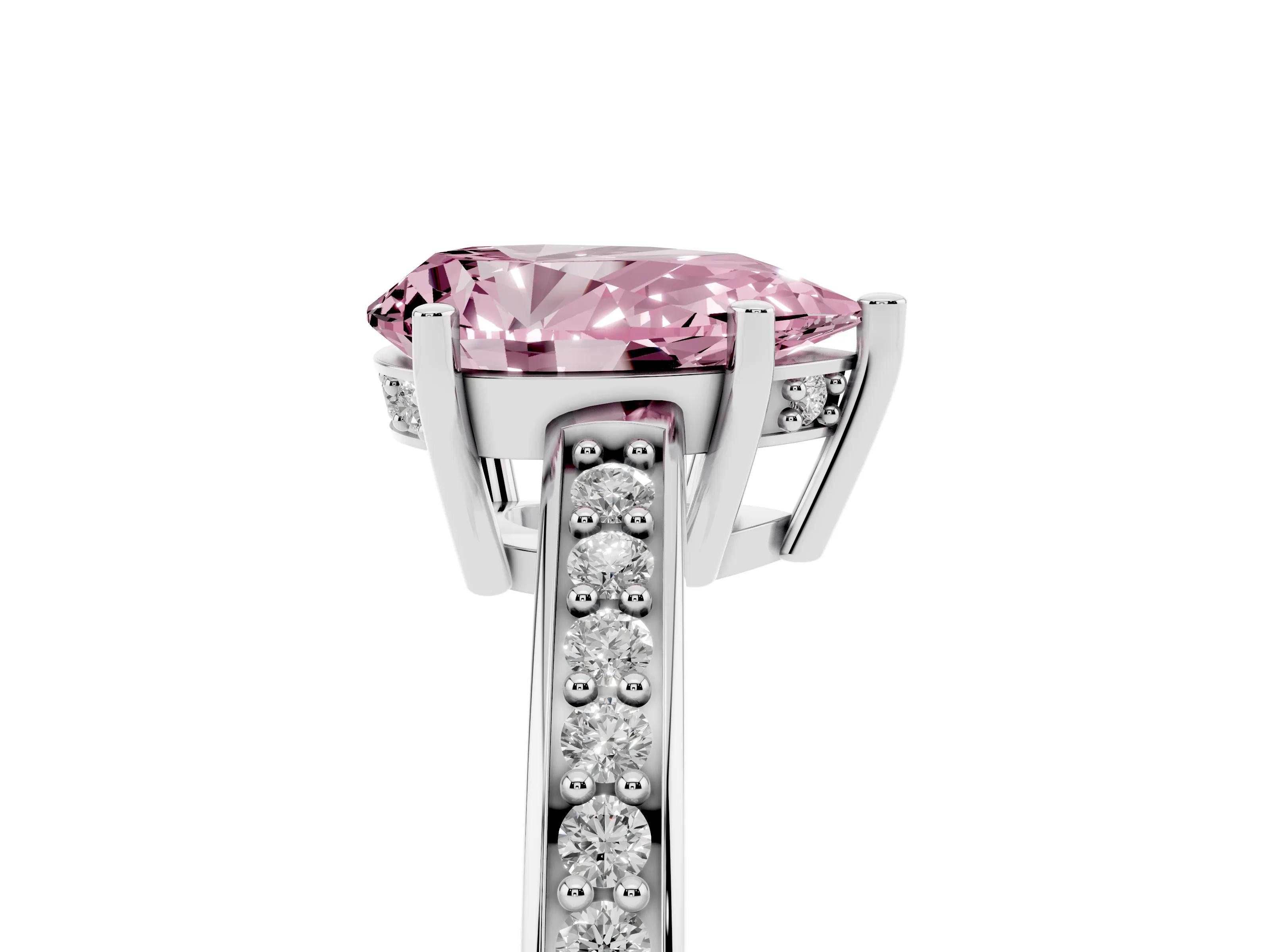 Fancy Pink Pear Cut Diamond Pavé Band Prong Set Solitaire Ring Set in Silver