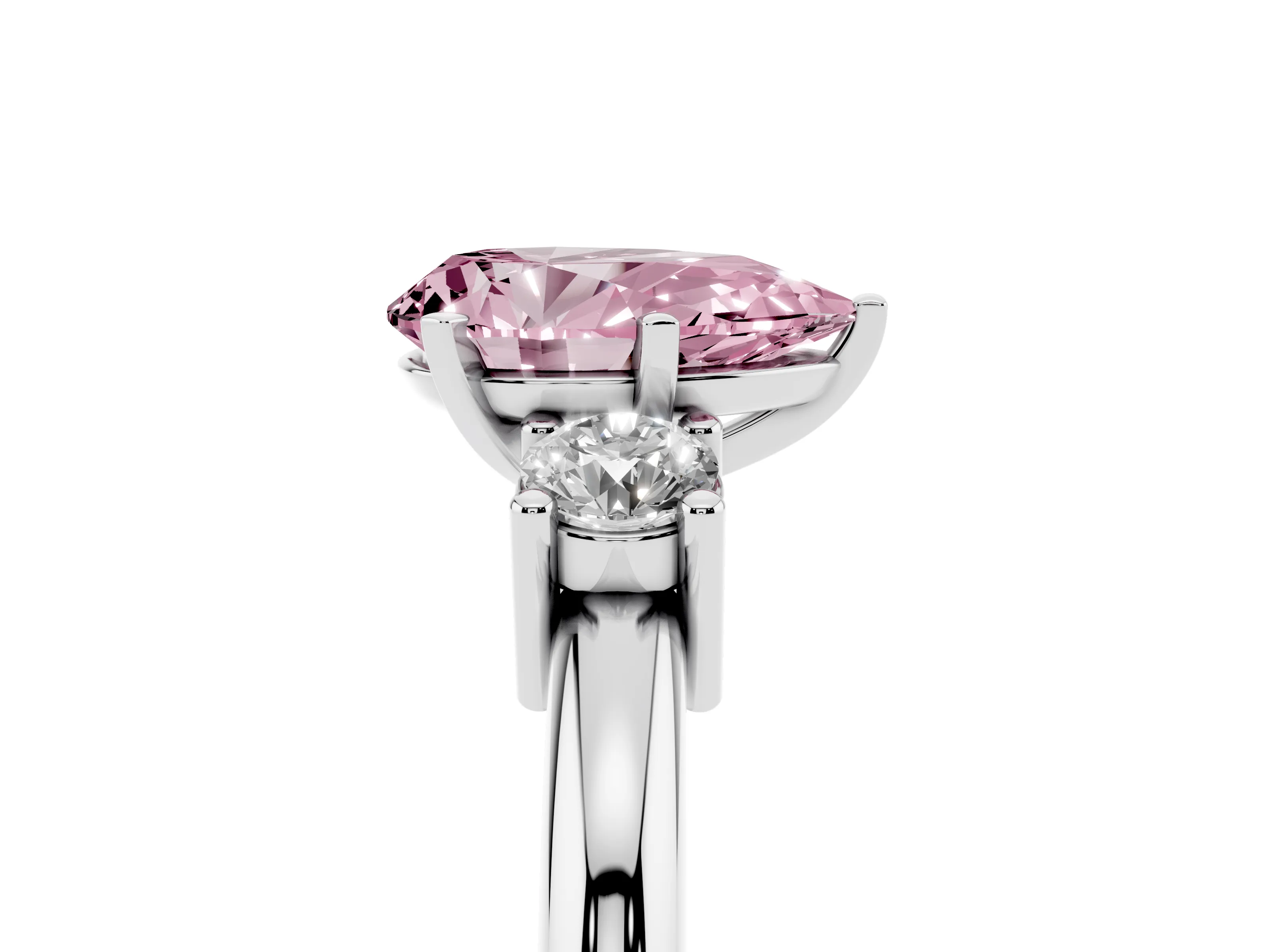 Fancy Pink Three-Stone Pear Cut Diamond Ring Set in Silver with Prong Setting and Plain Band