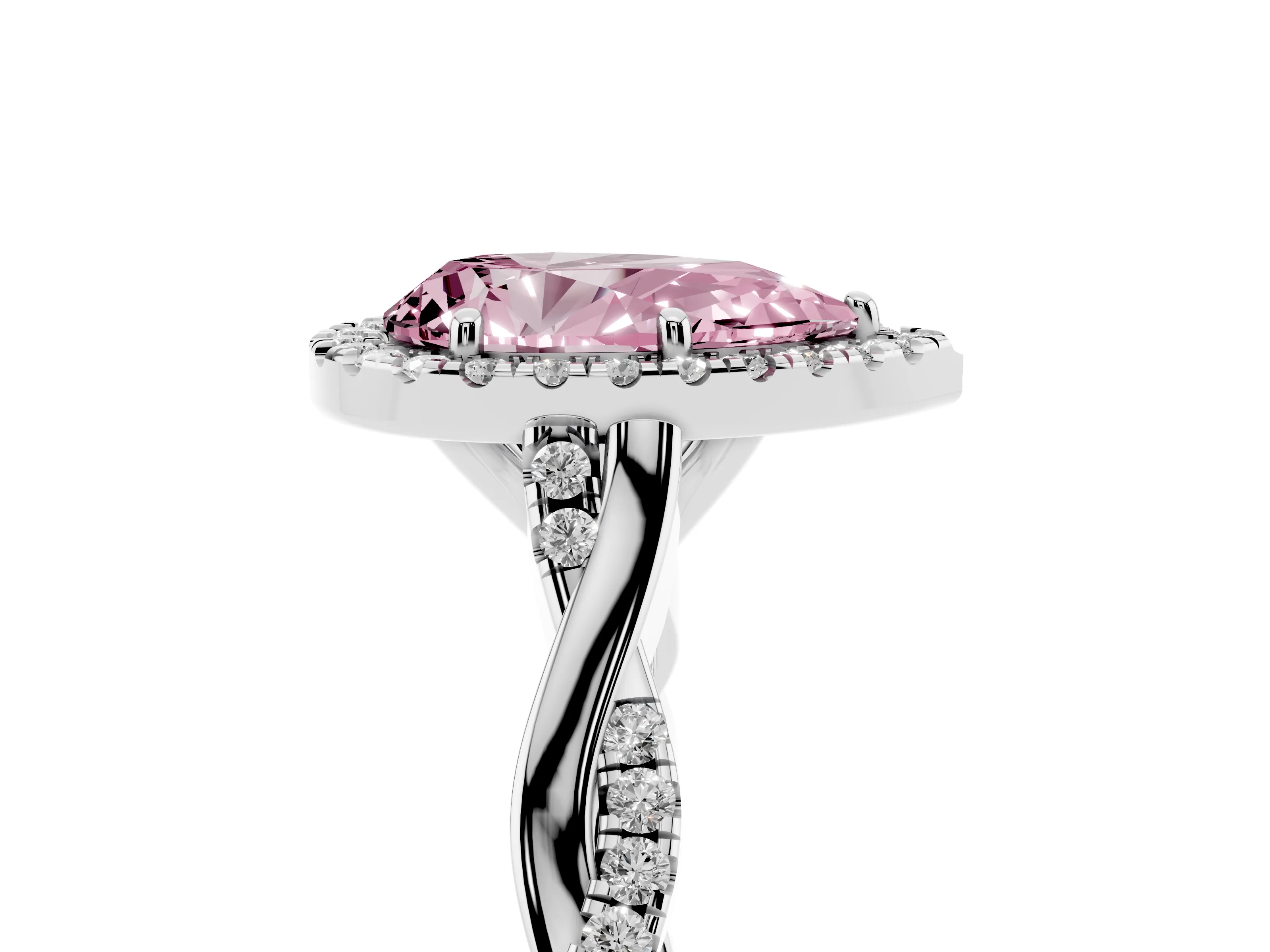 Fancy Pink Pear Cut Diamond Halo Twist Band Solitaire Ring Set in White gold with Prong Setting