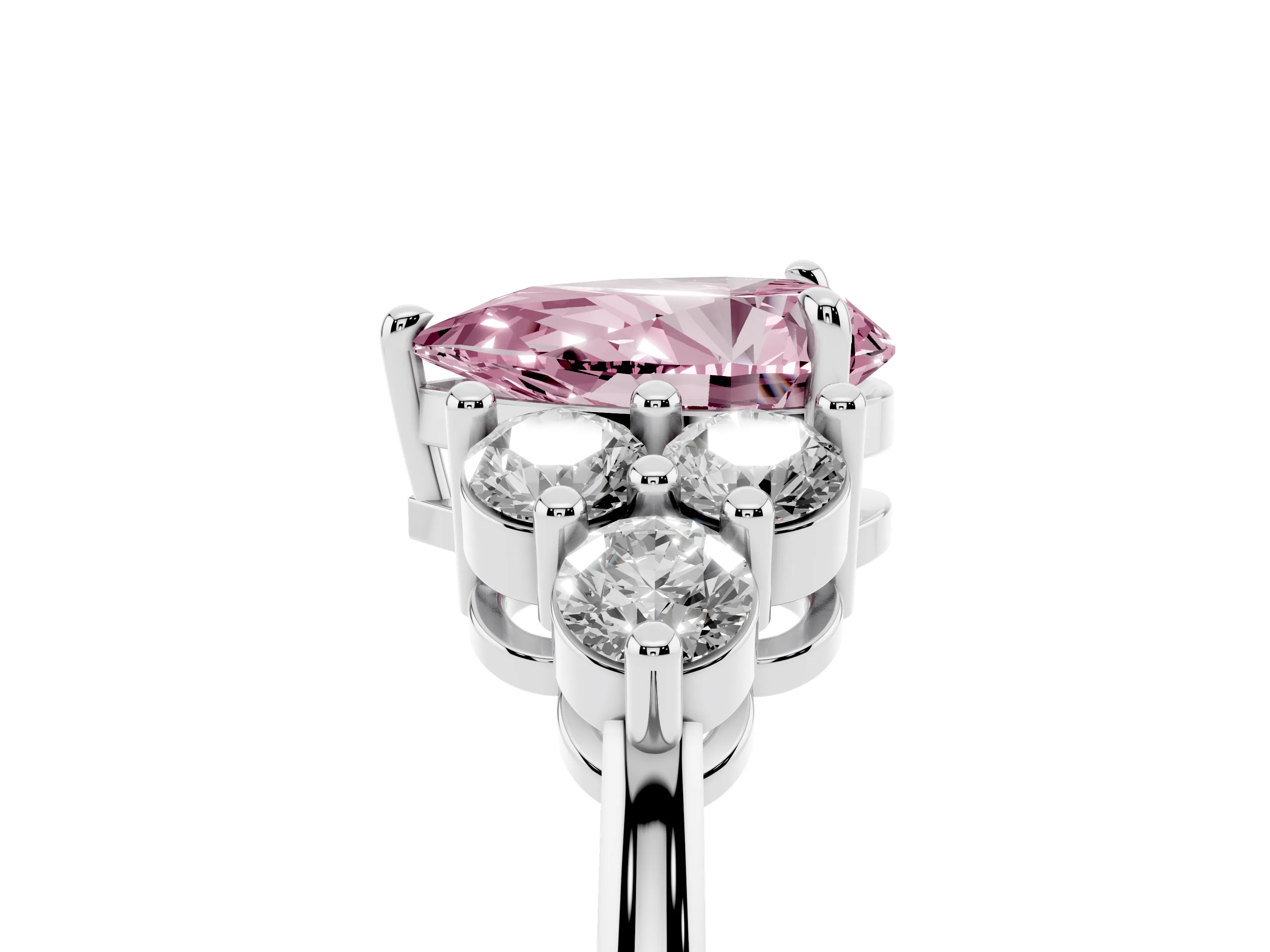 Fancy Pink Pear Cut Diamond Solitaire Ring Set in Silver with Cluster Accents on Each Side