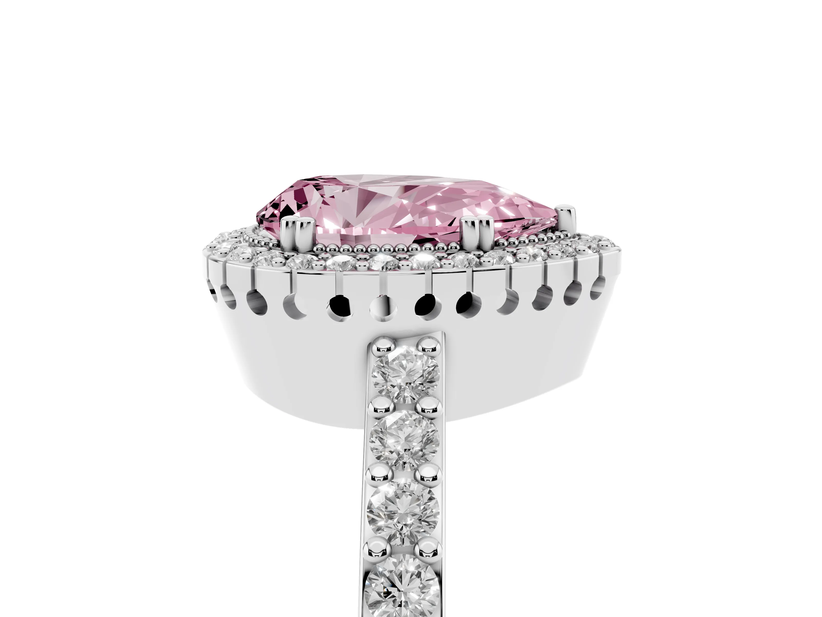 Fancy Pink Pear Cut Diamond Halo Engagement Ring Set in White gold with Milgrain Detail and Pavé Band