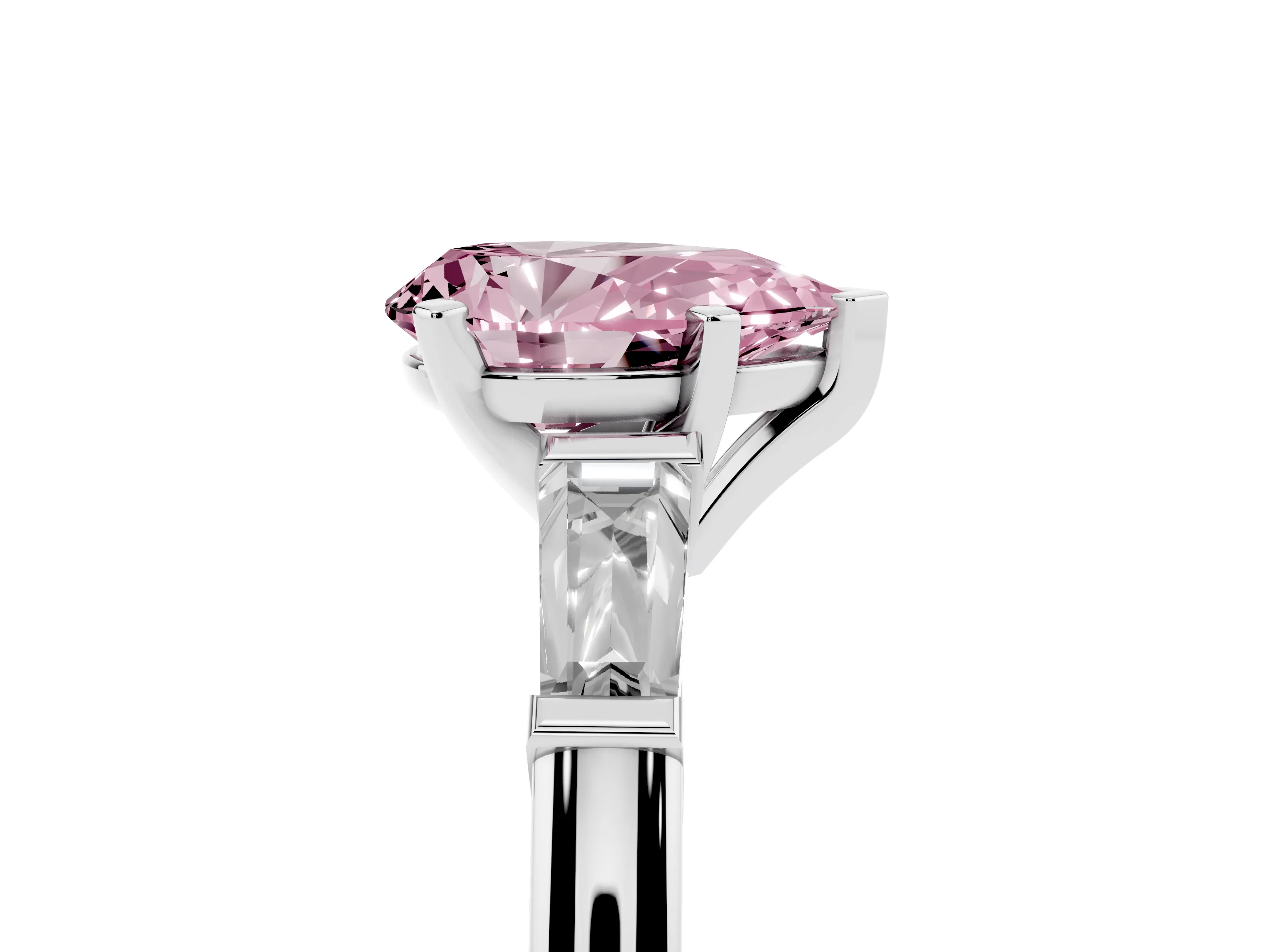 Fancy Pink Pear Cut Diamond Solitaire Ring Set in Platinum with Tapered Baguette Side Stones and Prong Setting