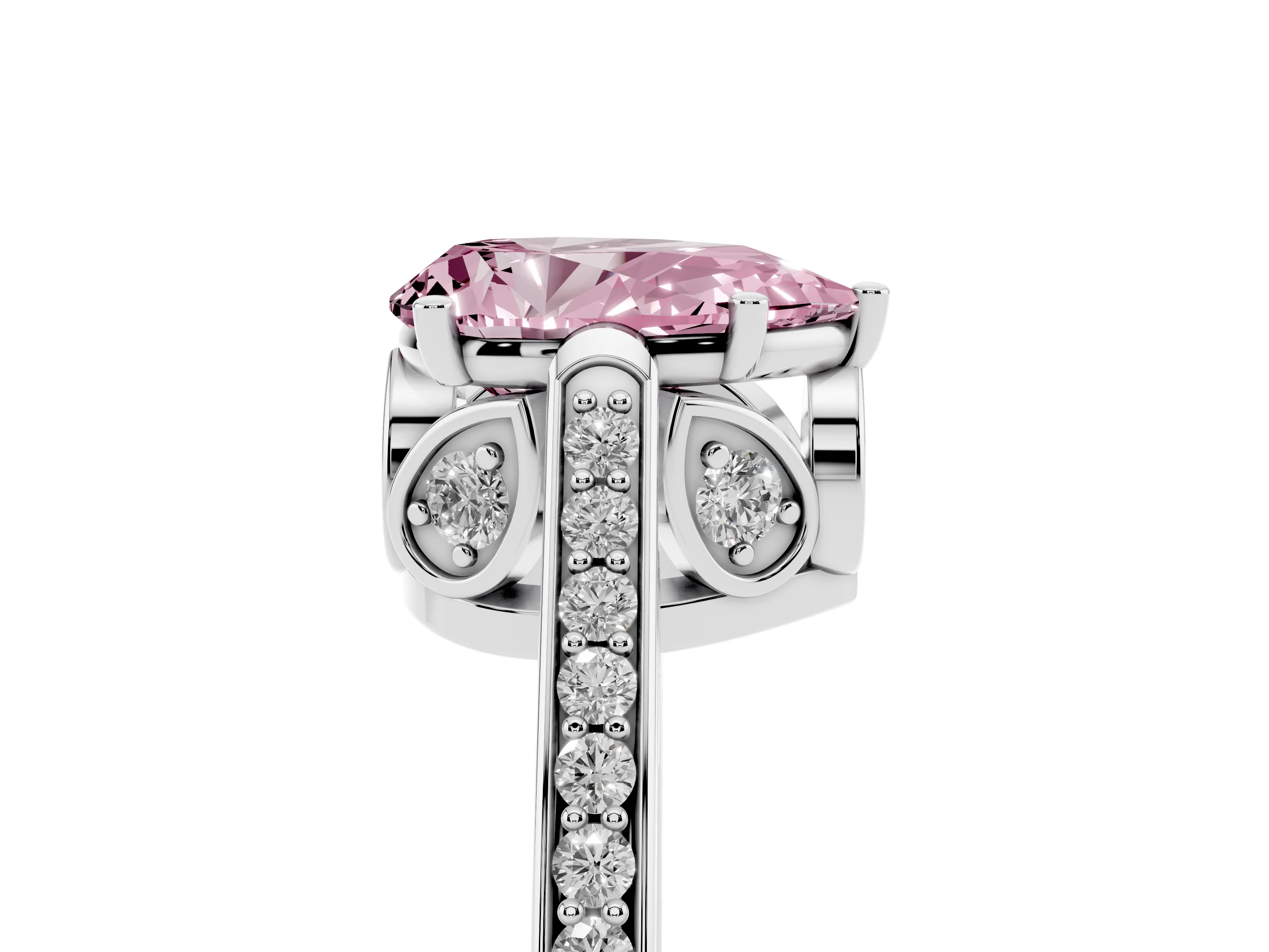 Fancy Pink Pear Cut Diamond Cathedral Pavé Engagement Ring Set in Silver with Prong Setting