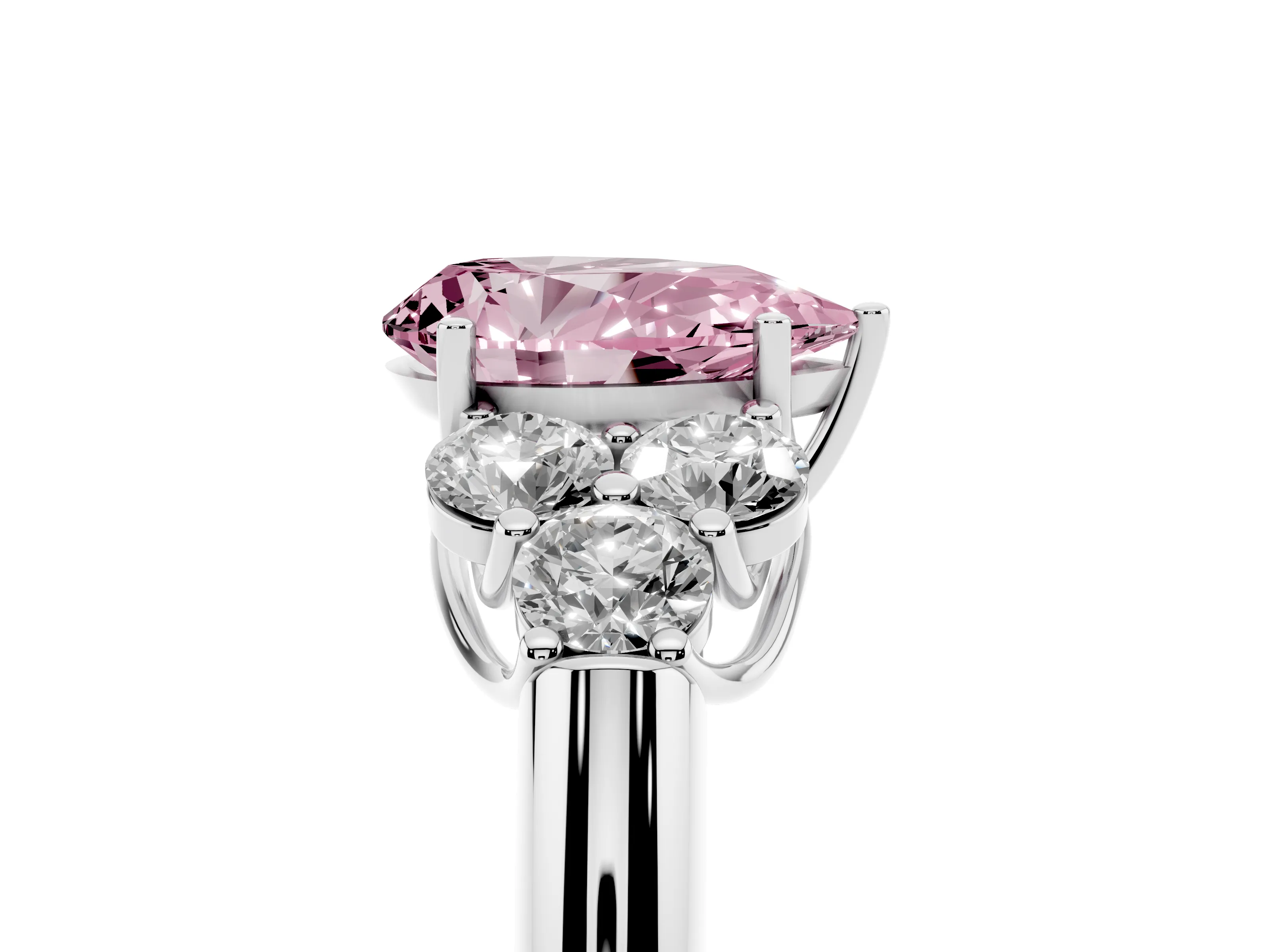 Fancy Pink Pear Cut Diamond Cluster Ring Set in Silver with Round Accent Stones and Prong Setting on a Plain Band
