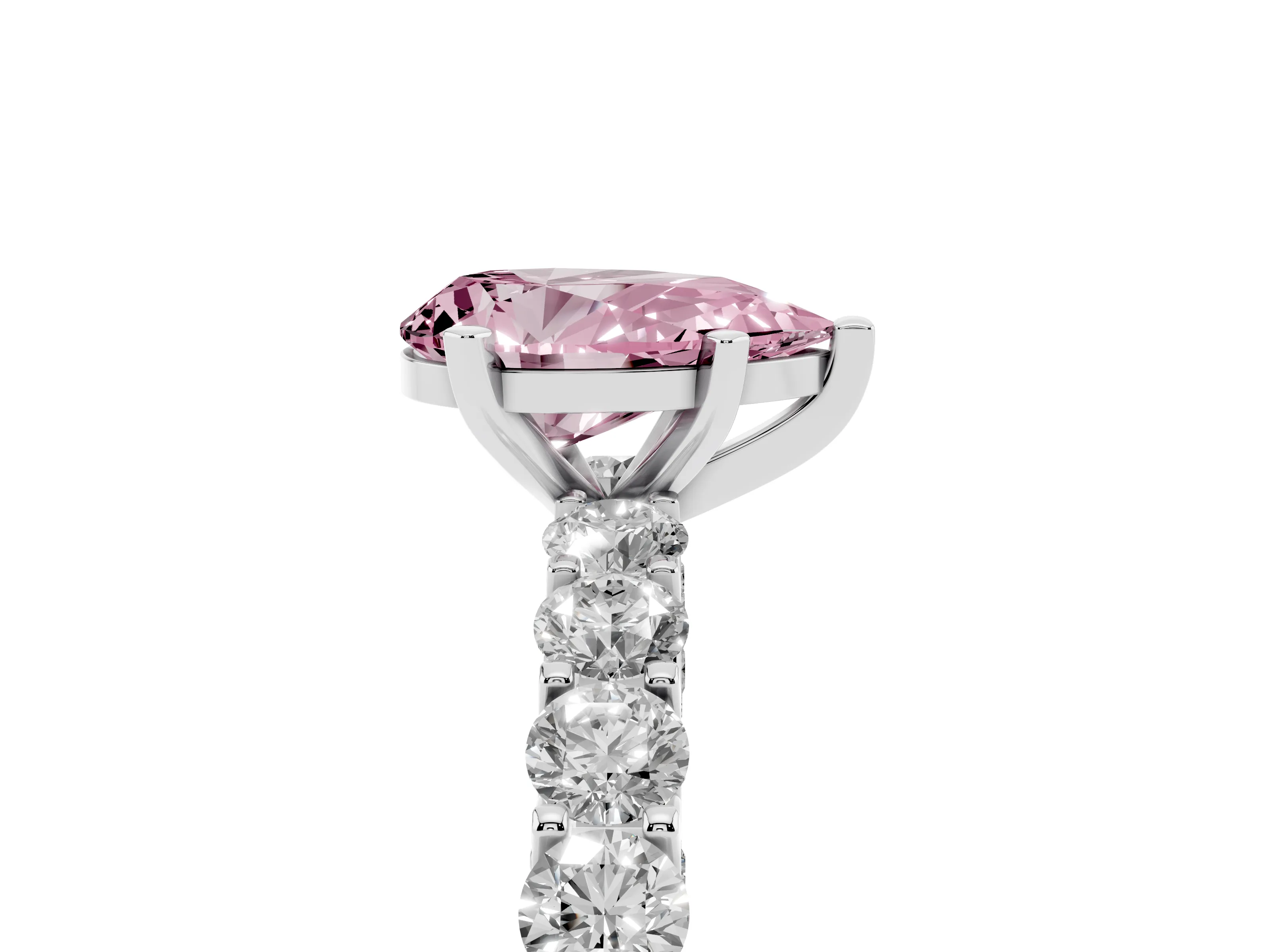 Fancy Pink Pear Cut Diamond Solitaire Ring Set in Silver with Shared Prong Pavé Band