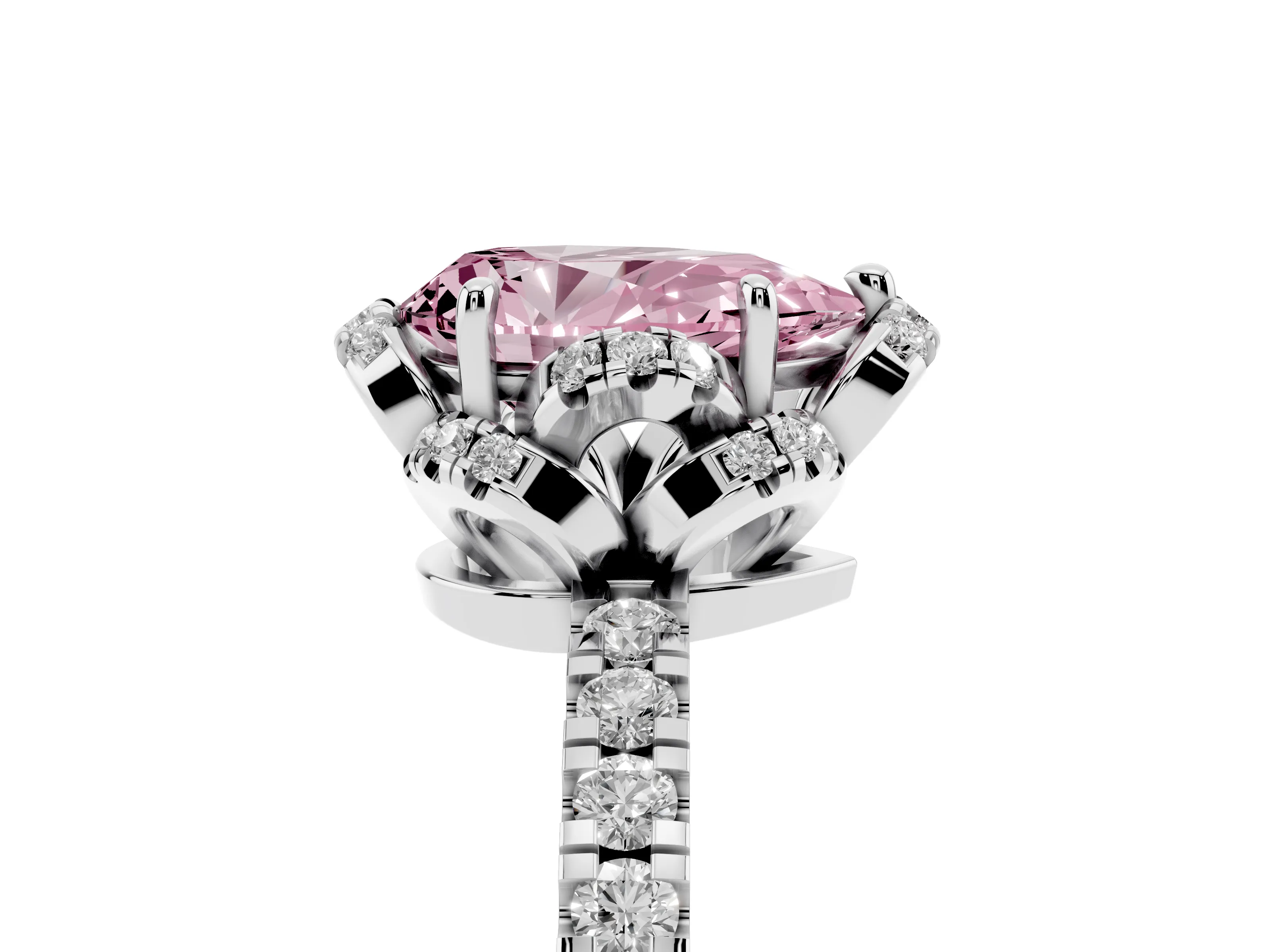 Fancy Pink Pear Cut Diamond Halo Pavé Band Ring Set in Platinum with Prong-Held Center