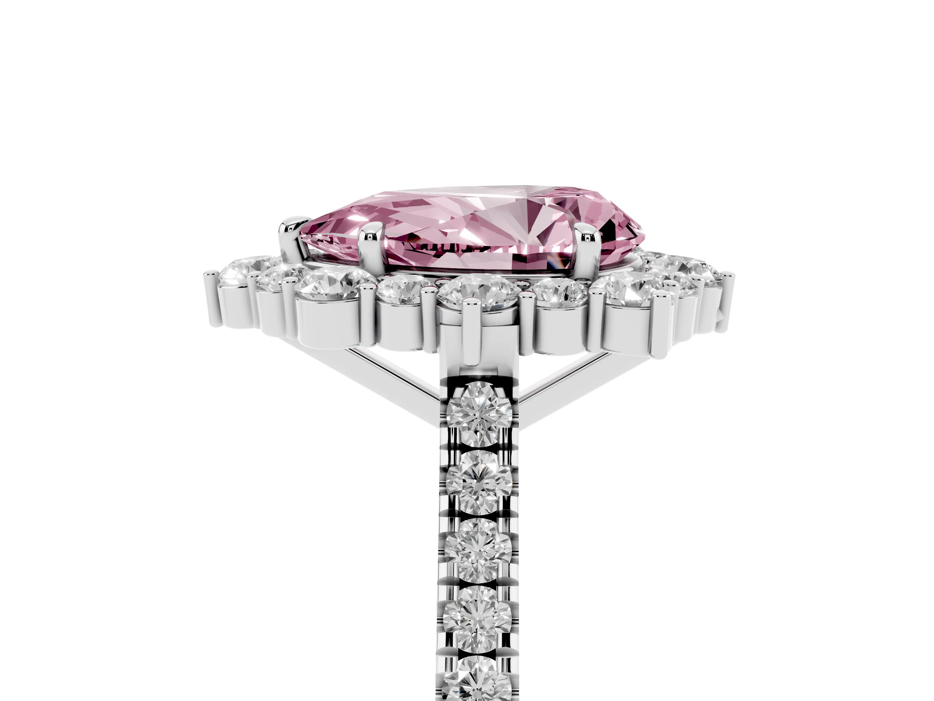 Fancy Pink Pear Cut Diamond Halo Ring Set in White gold with Pavé Band and Prong Setting