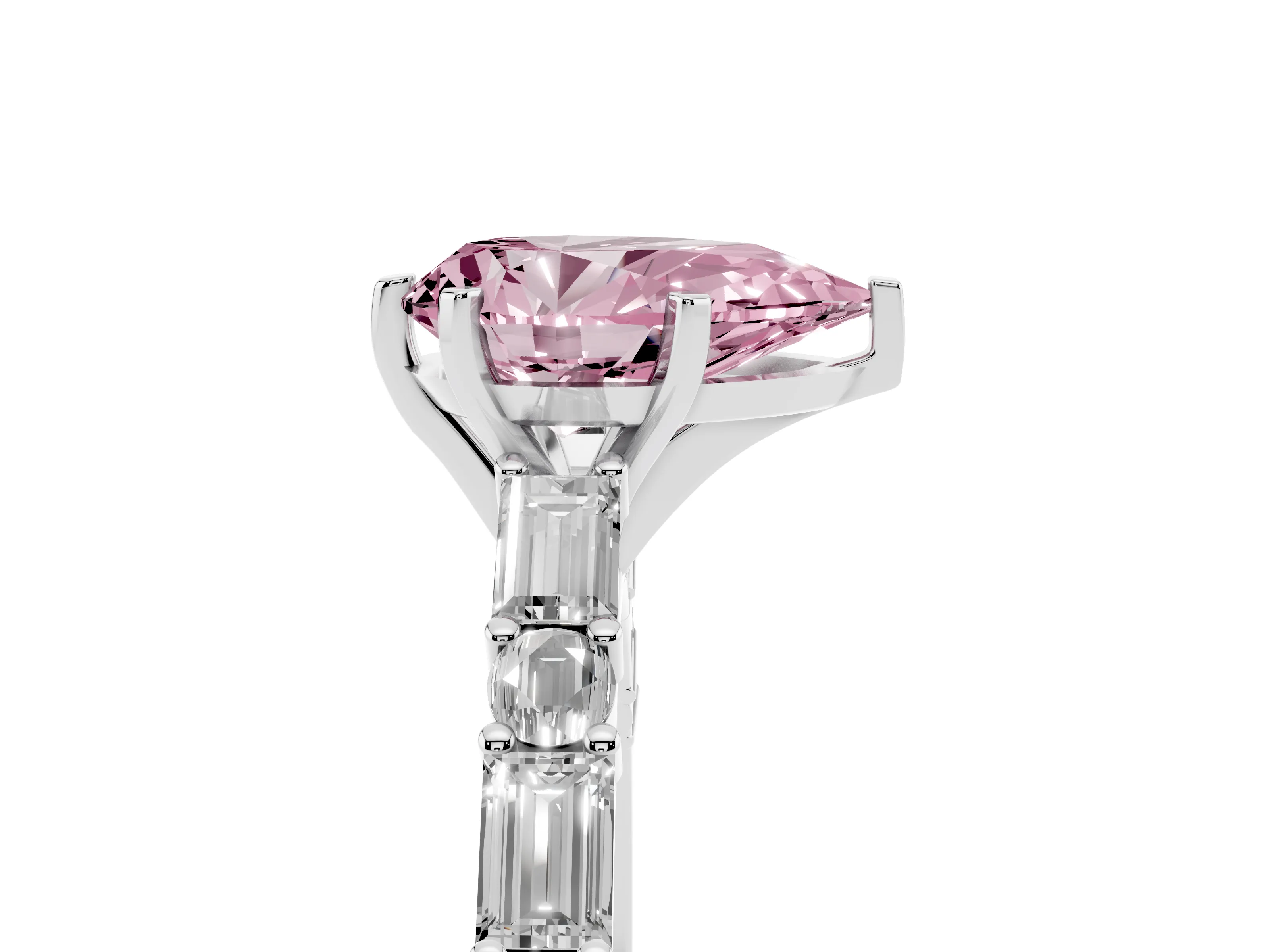 Fancy Pink Pear Cut Diamond Solitaire Set in White gold with Side Baguettes and Channel Set Band