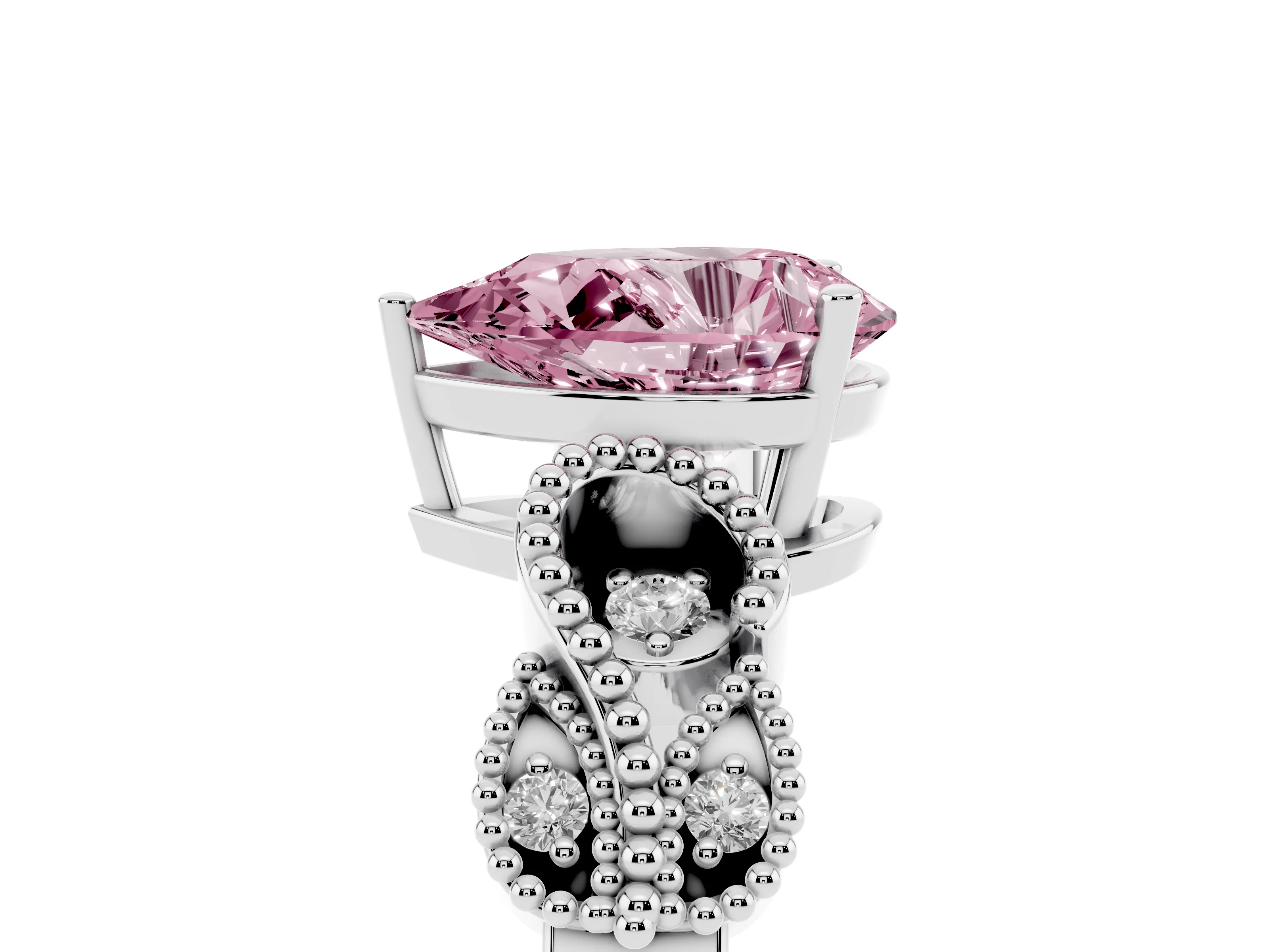 Fancy Pink Pear Cut Diamond Milgrain Leaf Band Solitaire Ring Set in White gold with Accent Stones and Prong Setting