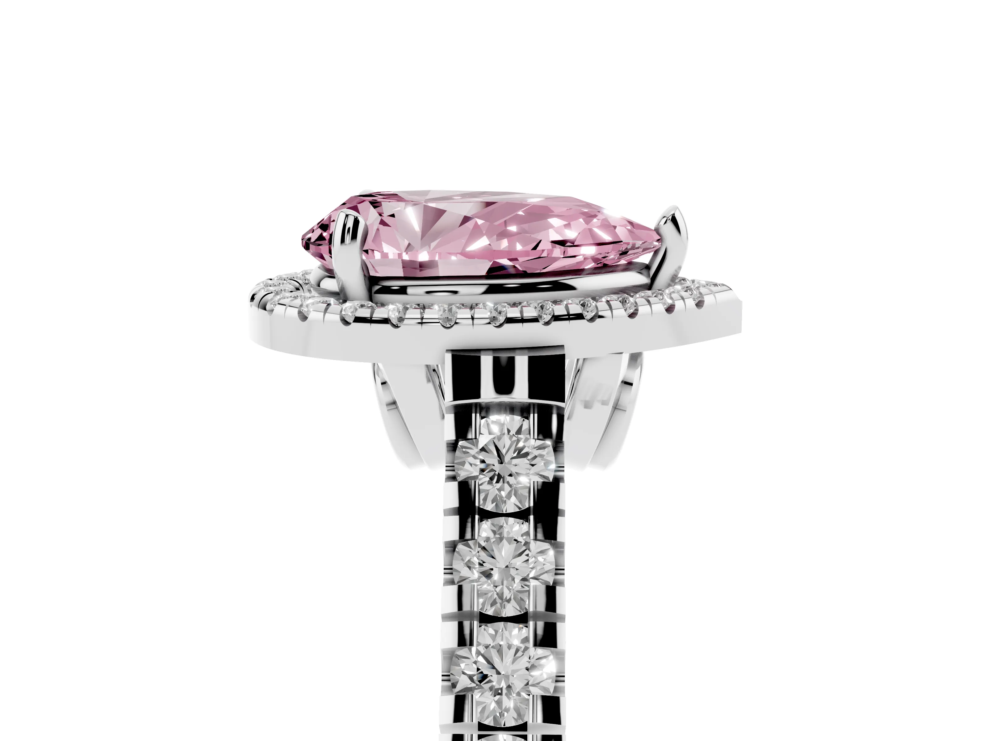 Fancy Pink Pear Cut Diamond Halo Engagement Ring Set in Platinum with Pavé Band and Prong-Set Center