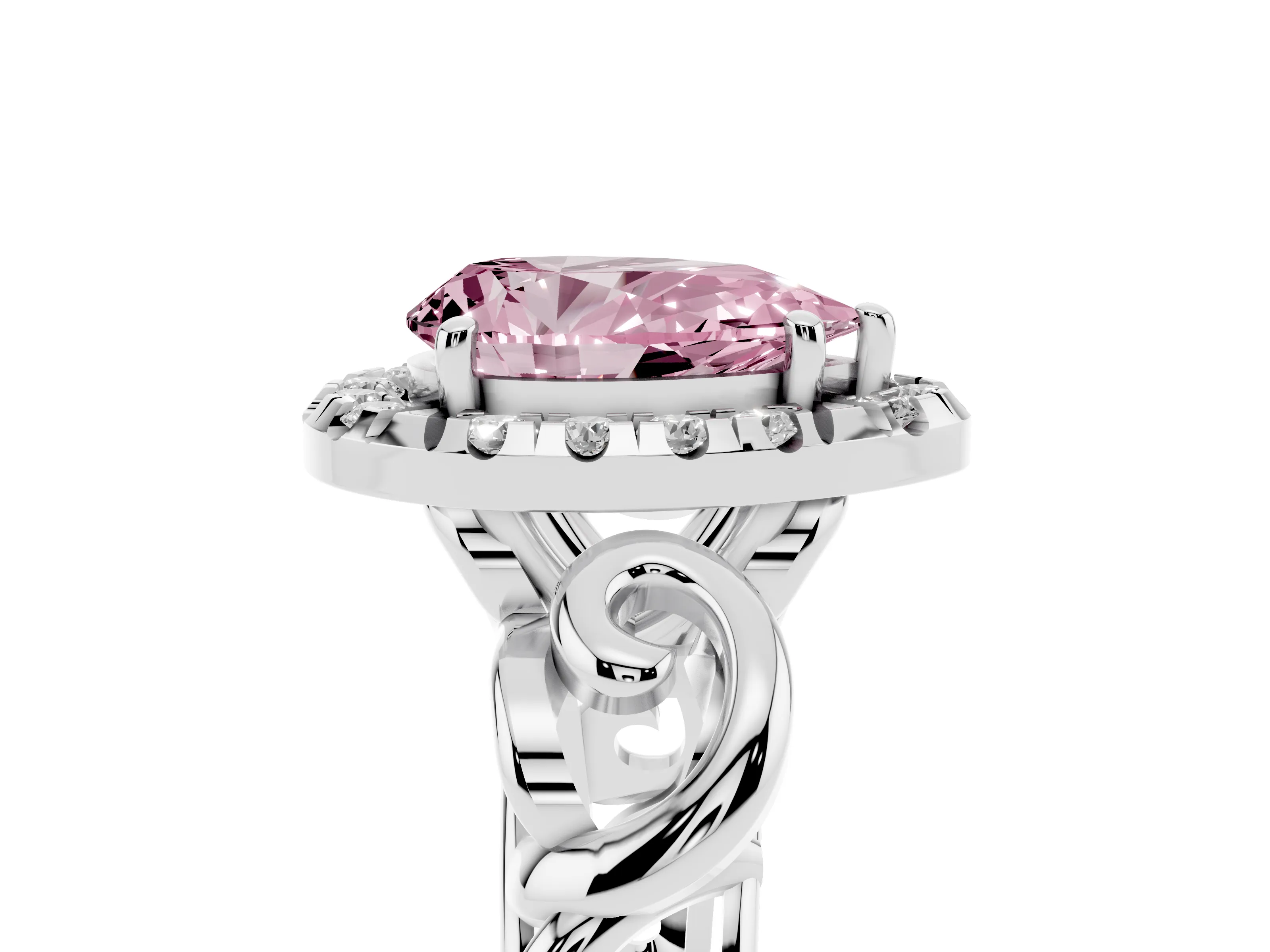 Fancy Pink Pear Cut Diamond Halo Ring Set in Platinum with Scrollwork Band and Prong Setting