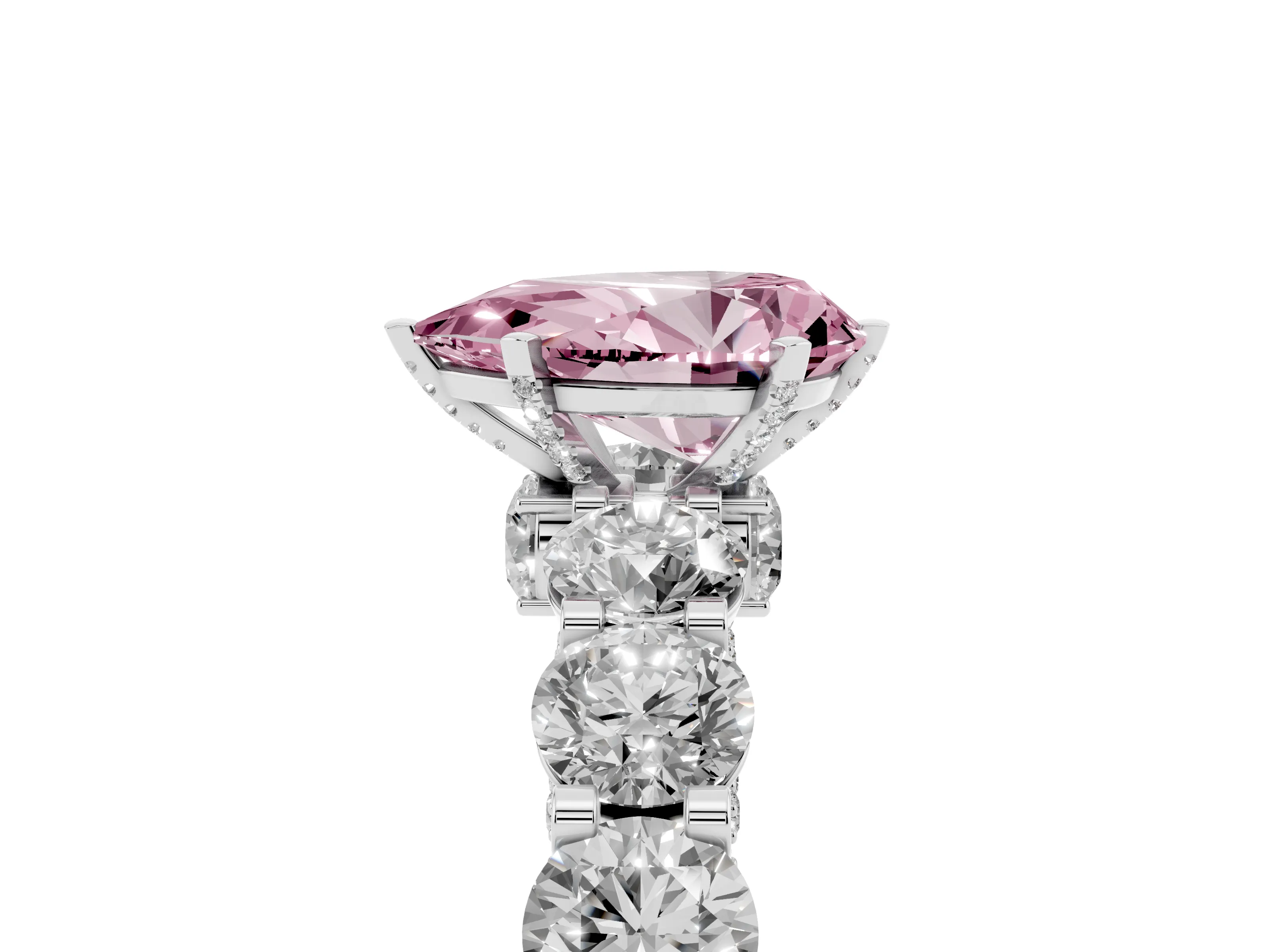 Fancy Pink Pear Cut Diamond Side Stone Ring Set in Silver with Alternating Round and Oval Side Stones