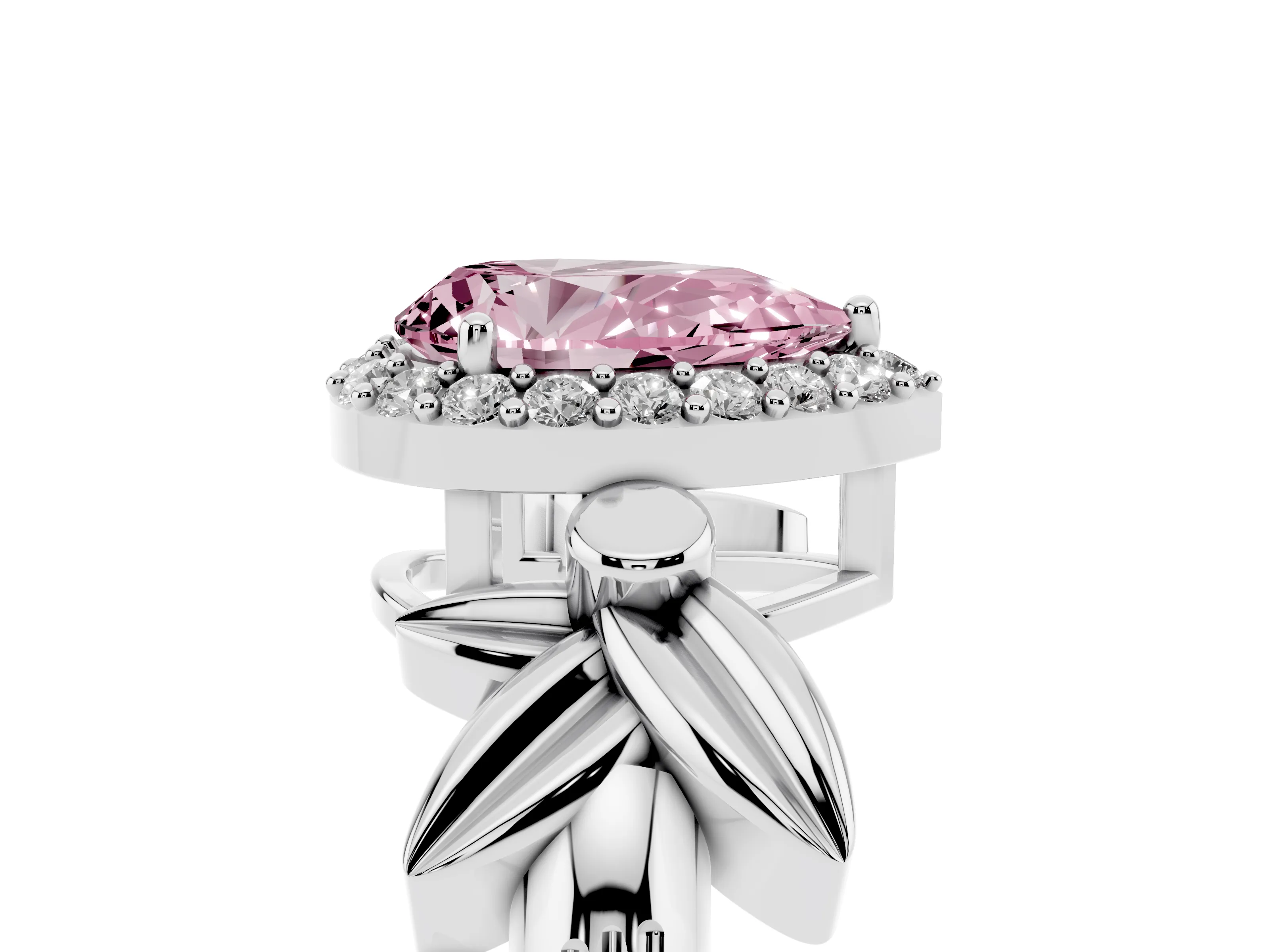 Fancy Pink Pear Cut Diamond Halo Floral Band Ring Set in Platinum with Prong Setting
